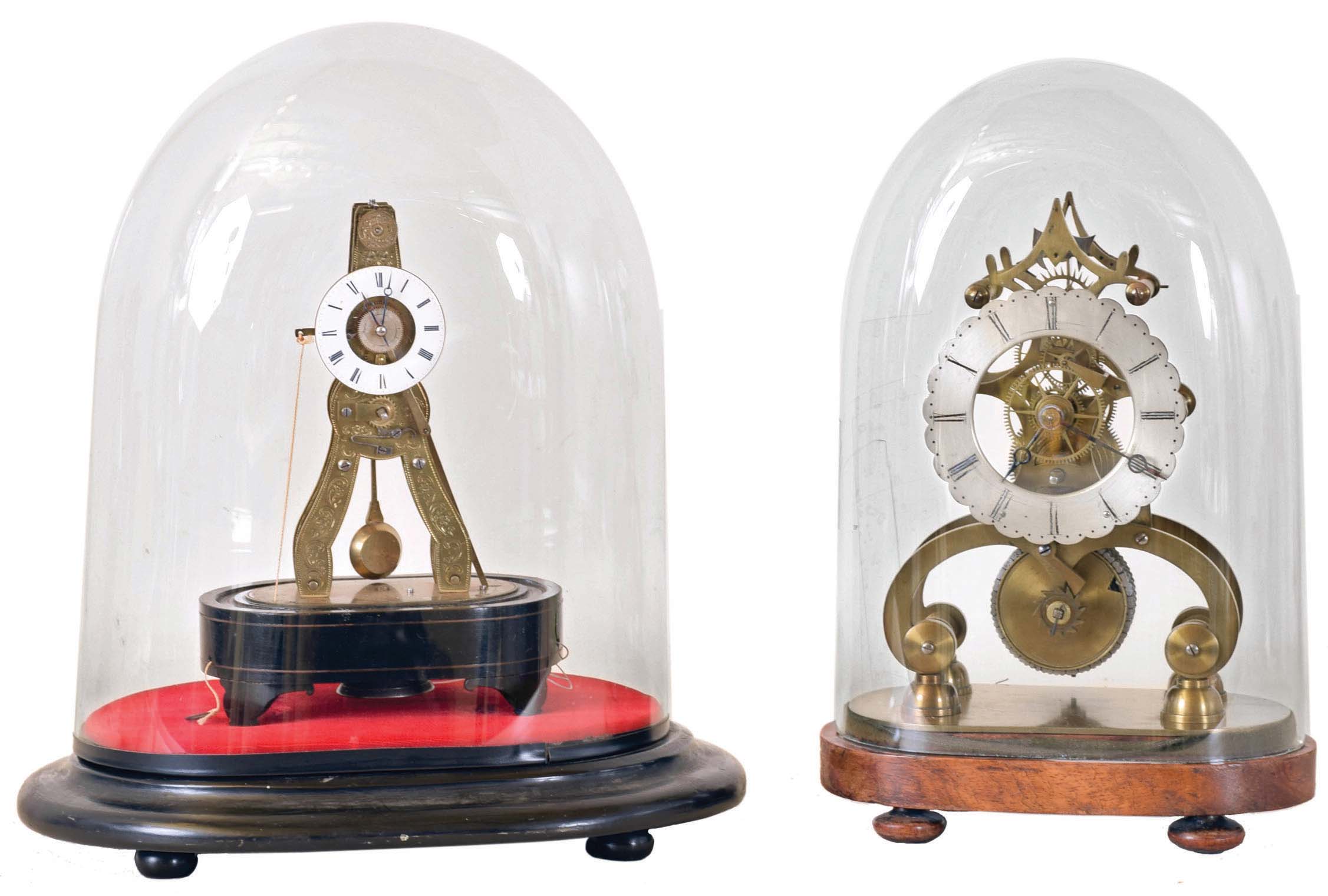 Clocks- 2 (Two) Continental skeleton clocks: (1) French with alarm from the Crystal Palace of 1851, marked with Honorable Mention; (2) Single train on rosewood base — Antique Clocks Price Guide