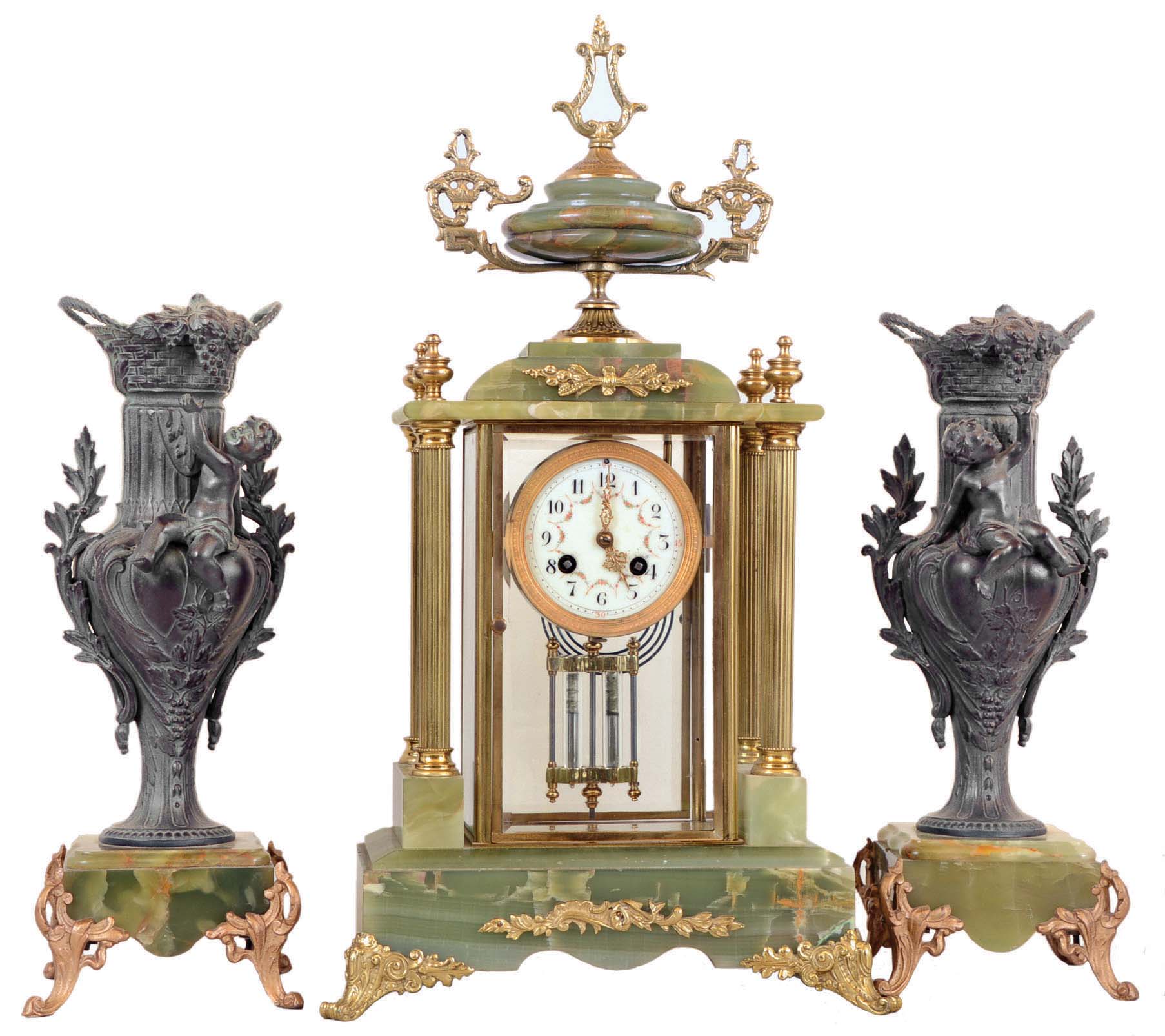 France, Crystal Regulator with green onyx and brass case. 8 day time and strike Japy Freres Medaille D'Honneur movement with rack & snail half hour striking, two matching onyx and bronze garniture figural urns. — Antique Clocks Price Guide