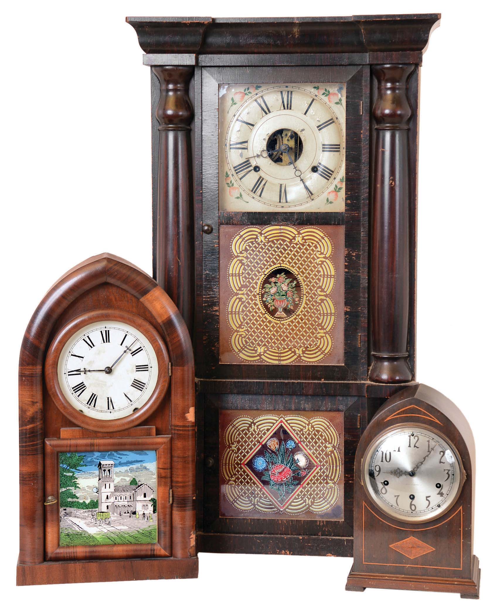 Clocks- 6 (Six) Connecticut time and strike wood case mantel and shelf clocks: Seth Thomas, Thomaston, Conn., 8 day Westminster chime inlaid, c1920; Seth Thomas, Thomaston, Conn., "Shell Column" 30 hour weight driven half-column, c1870; William L. Gilbert, Winsted, Conn., 8 day tambour, c1930; Seth Thomas, Plymouth Hollow, Conn., 8 day "Rose Column" and cornice weight driven, c1865; Ansonia Clock Co., New York, 8 day "Malta" oak cabinet, c1901; Jerome & Co. New Haven, Conn., 8 day beehive, c1860. — Antique Clocks Price Guide
