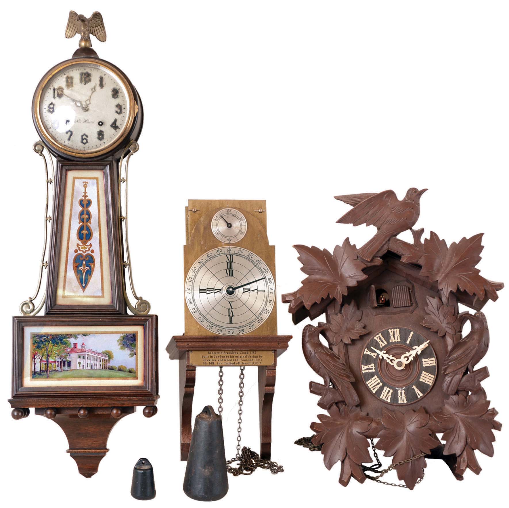 Clocks- 8 (Eight) wall: Thwaites & Reed reproduction "Ben Franklin" 8 day three wheel weight driven timepiece, c1970; 2 German 30 hour cuckoos and 1 a cuckoo & quail, c1910 & later; Japanese Seikosha (current-day Seiko) 8 day time and strike school, c1910; German 8 day time and strike free-swinger, c1910; German spring wound 8 day time and strike Vienna Regulator. c1900; early and later 20th century — Antique Clocks Price Guide