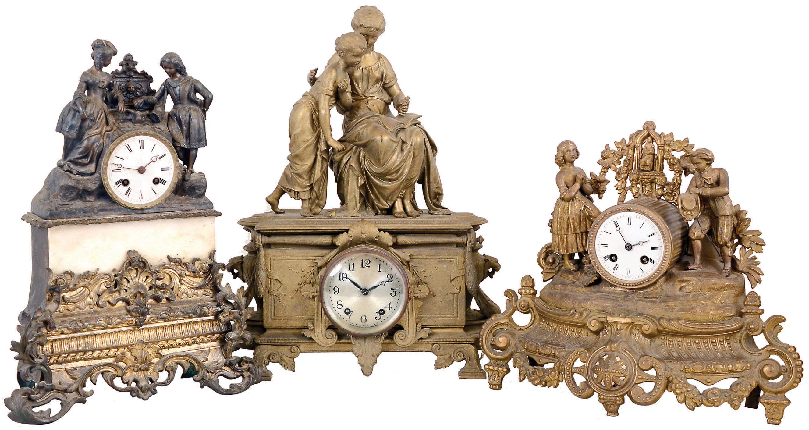 Clocks- 6 (Six): Seth Thomas Sons & Co, New York, cast spelter 8 day time and strike double figural; Ansonia "La Savoie" 8 day time and strike porcelain, c1904; French cast spelter double praying figural 8 day with count wheel and bell striking, c1900; French cast metal and marble 8 day double standing figural with count wheel and bell striking, c1890; Hamburg American 30 hour with alarm shelf clock, c1910; porcelain case with modern 30 hour German movement — Antique Clocks Price Guide