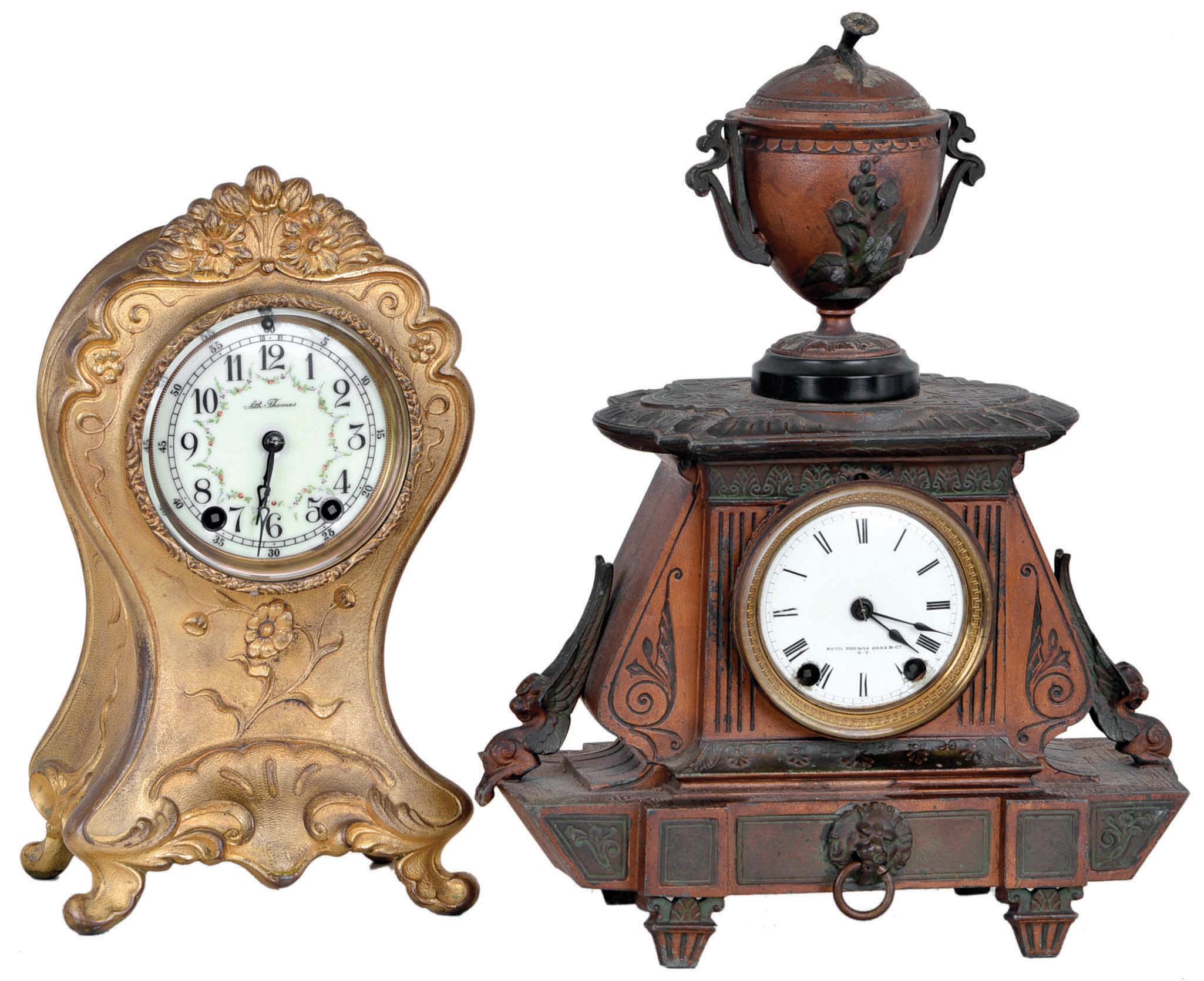 Clocks- 2 (Two): (1) Seth Thomas Clock Co., Thomaston, Conn., "La Norma Special", 8 day, time and strike spring brass movement metal case mantel clock. c1905 (2) Seth Thomas Sons & Co., New York, "No 8024", 15 day, time and strike spring brass movement mantel clock. c1872 — Antique Clocks Price Guide