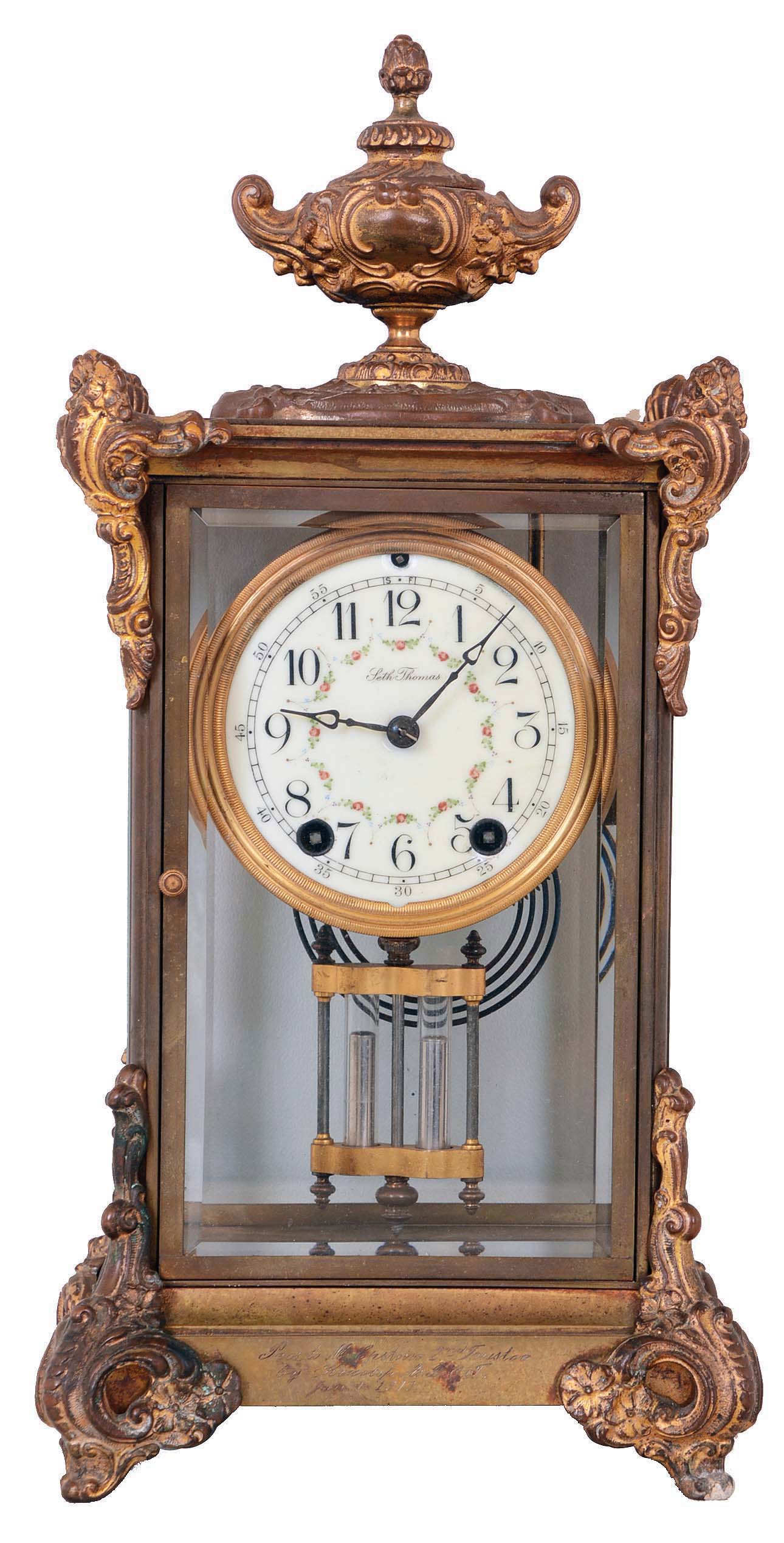 Seth Thomas Clock Co., Thomaston, Conn., 8 day, time and strike spring brass movement crystal regulator mantel clock. — Antique Clocks Price Guide