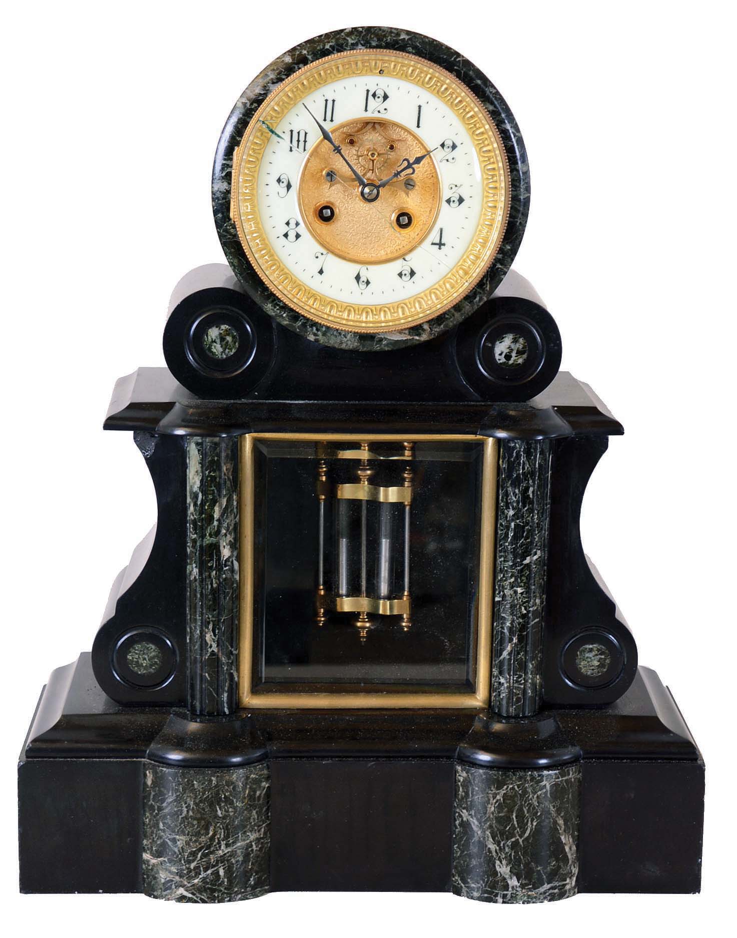 France, marble mantel clock, 8 days, time and strike, spring driven movement with visible Brocot escapement and compensated mercury pendulum in a black marble case with variegated green marble accents with brass dial and cream enamel chapter ring. — Antique Clocks Price Guide