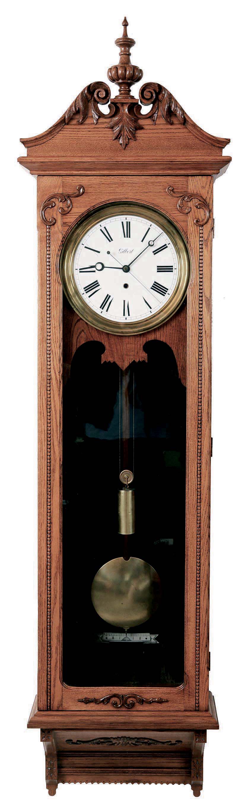 Wm. L. Gilbert Clock Co., Winsted, Conn., "Hanging Regulator No. 20", jeweler's regulator wall clock, 8 day, time only, brass weight driven movement with a Graham deadbeat escapement and maintaining power in an oak case with a, white enamel dial and center sweep seconds. — Antique Clocks Price Guide