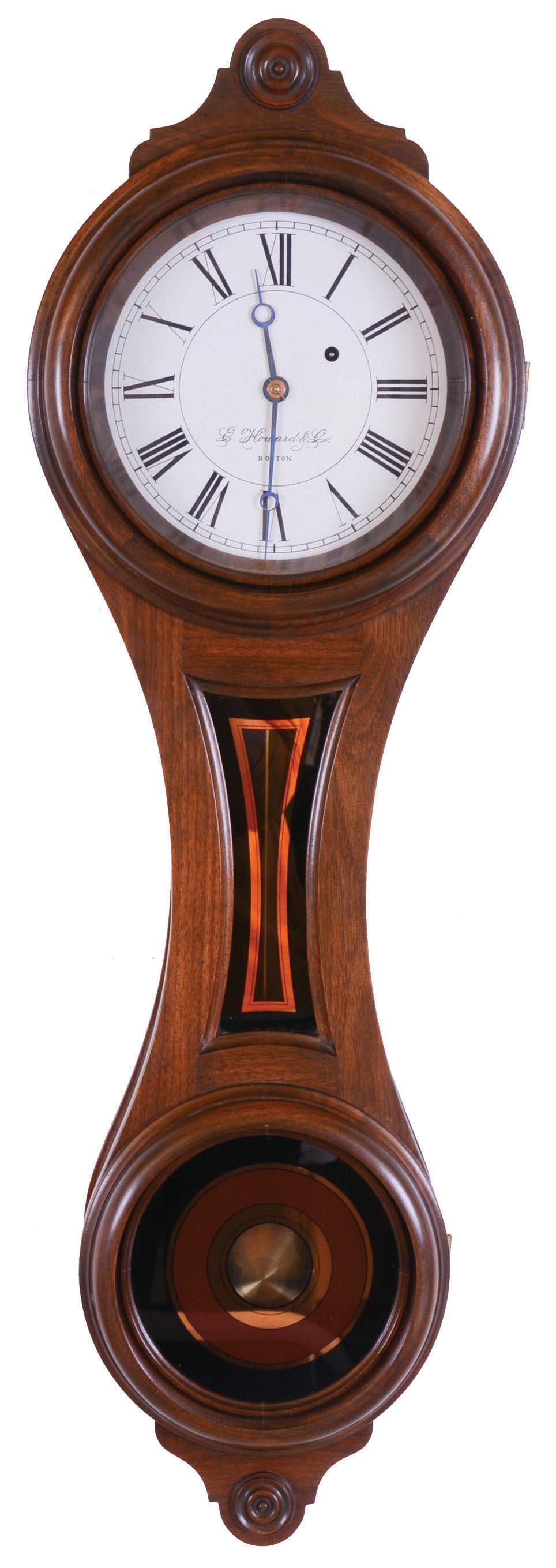 E. Howard & Co., Boston, Mass., reissue "Regulator No. 10", walnut, 8 day, time only weight driven figure 8 banjo wall clock, dated 1981 — Antique Clocks Price Guide