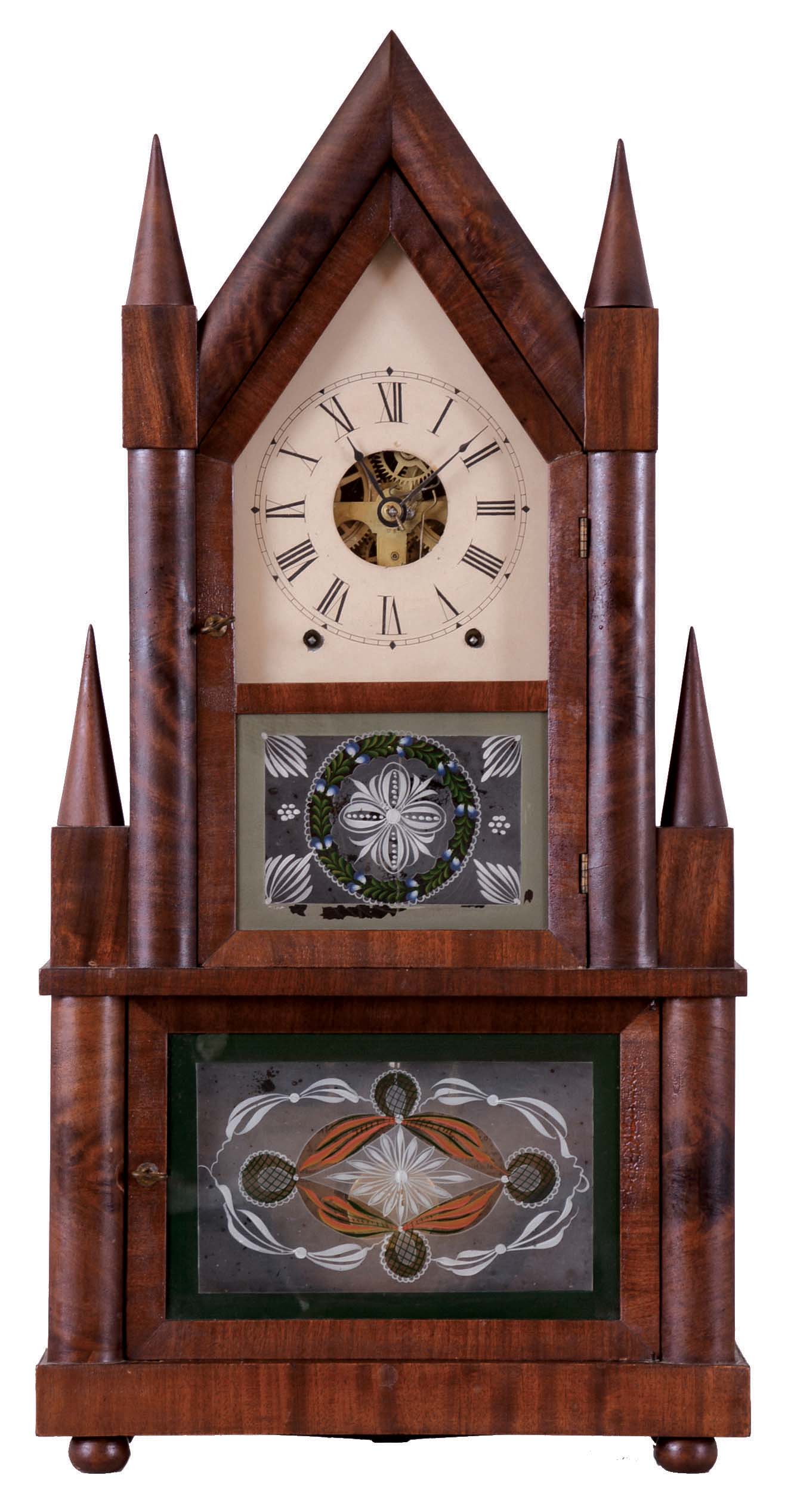 Birge & Fuller, Bristol, Conn., retailed by J. J. Beals, Boston, Mass. 8 day, time and strike spring brass wagon spring movement steeple on frame or double steeple shelf clock. — Antique Clocks Price Guide