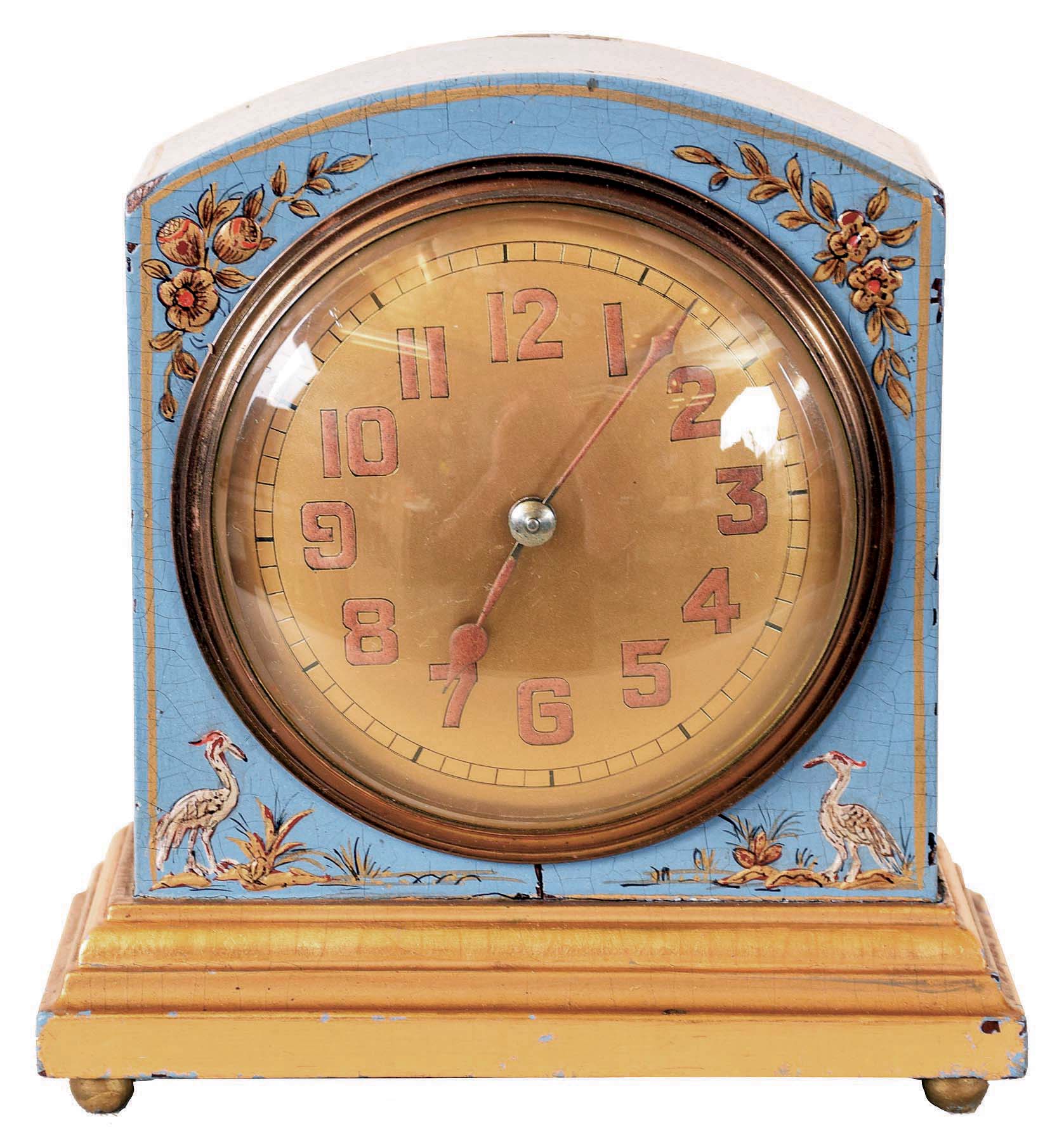 Duverdrey & Bloquel, France, desk or bedside clock, blue lacquered case with chinoiserie decoration on a gilt, molded base, luminous Arabic numeral metal dial, luminous steel hands, 8 day, 11 jewel timepiece movement with lever platform — Antique Clocks Price Guide