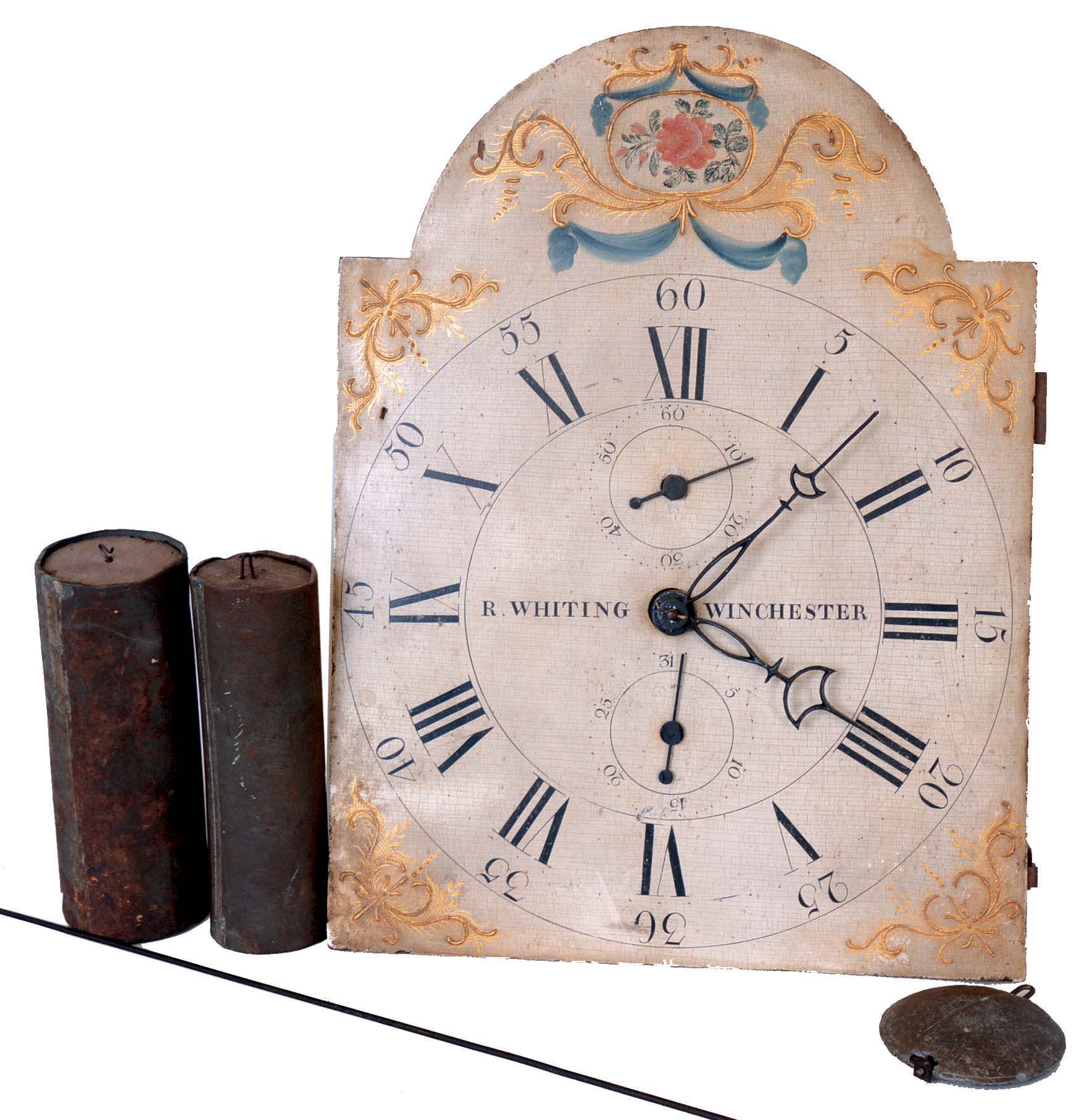 Riley Whiting, Winchester (Conn.) 30 hour time and strike wooden movement, painted wood dial, with seconds and calendar rings, pendulum and tin-can weights (no case) , c1825 — Antique Clocks Price Guide