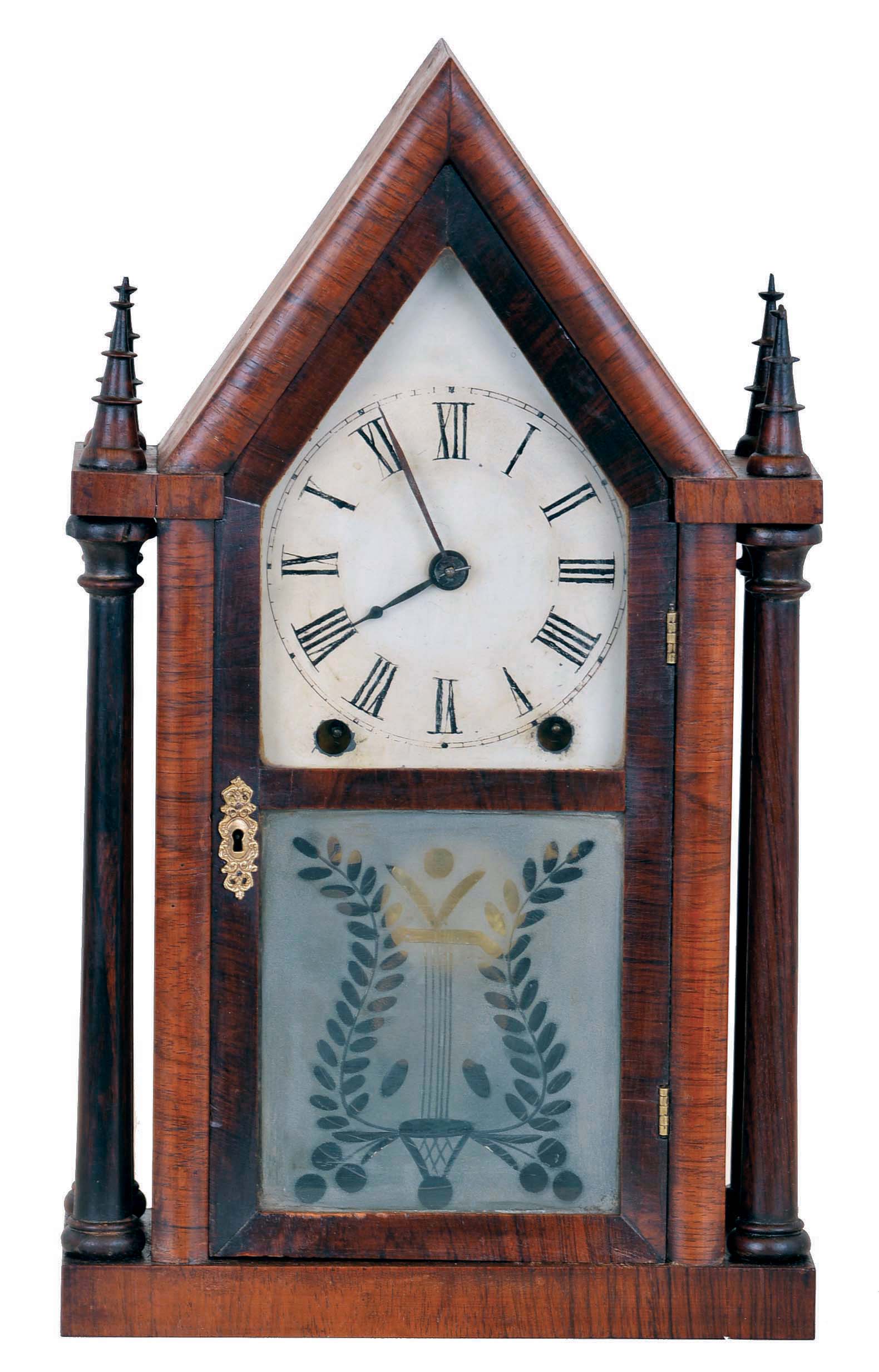 Brewster & Ingrahams, Bristol, Conn., 8 day 4-column "Sharp Gothic" or "steeple" clock with cut glass tablet. — Antique Clocks Price Guide