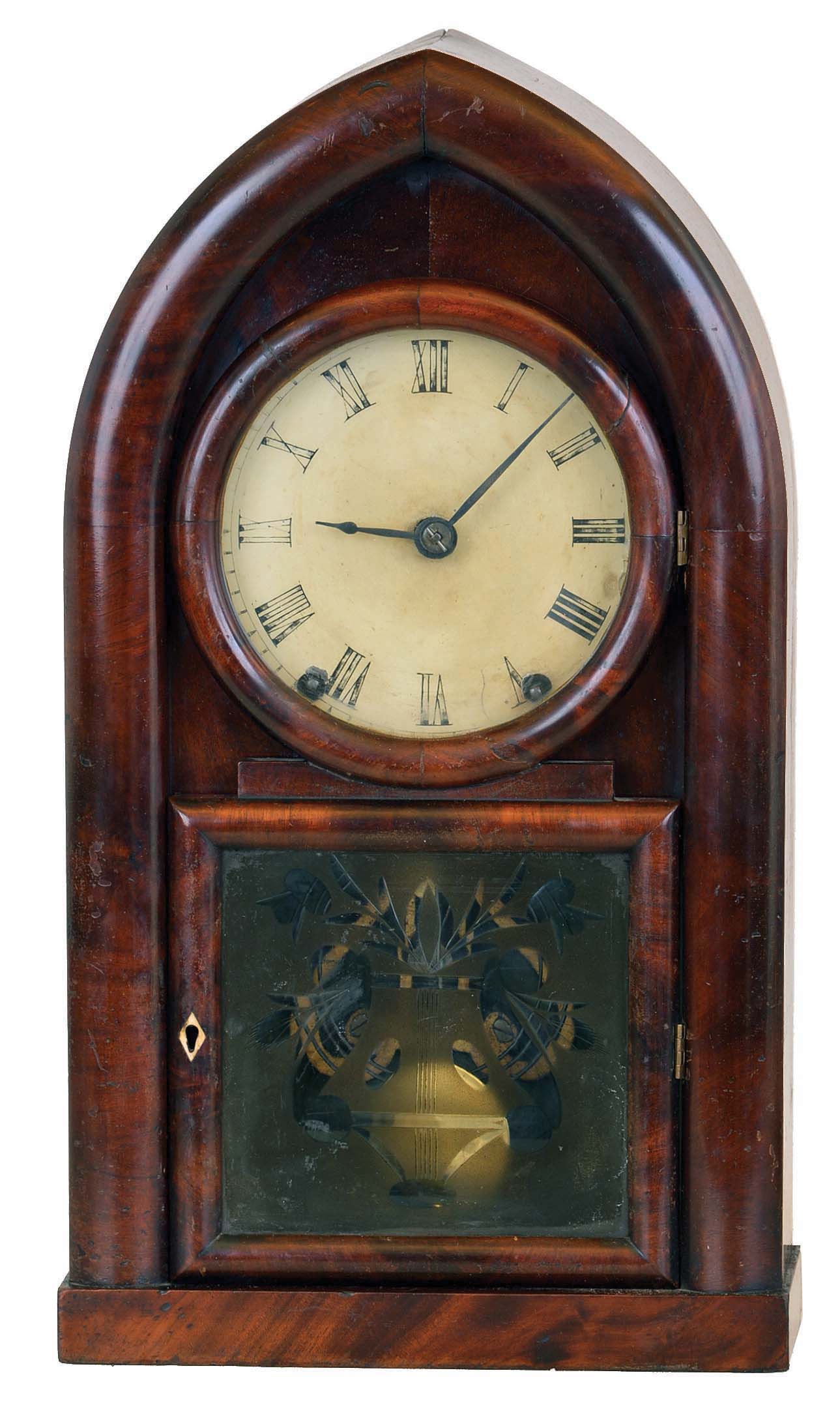 Brewster & Ingrahams, Bristol, Conn., 8 day "Round Gothic" or "beehive" clock with repeating movement and nice cut glass tablet. — Antique Clocks Price Guide