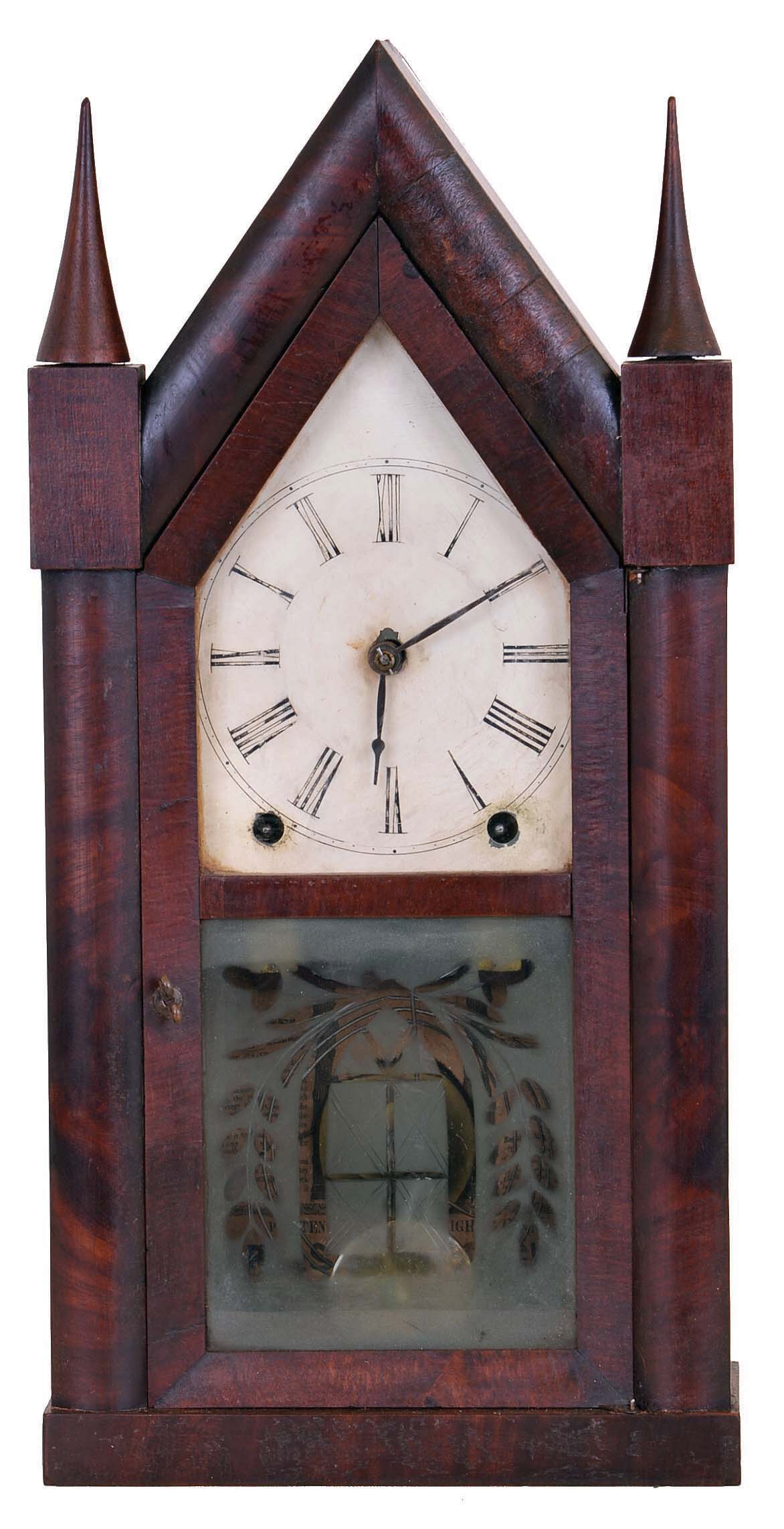 Brewster & Ingrahams, Bristol, Conn., 8 day "Sharp Gothic" or "steeple" clock with very nice cut glass tablet. — Antique Clocks Price Guide