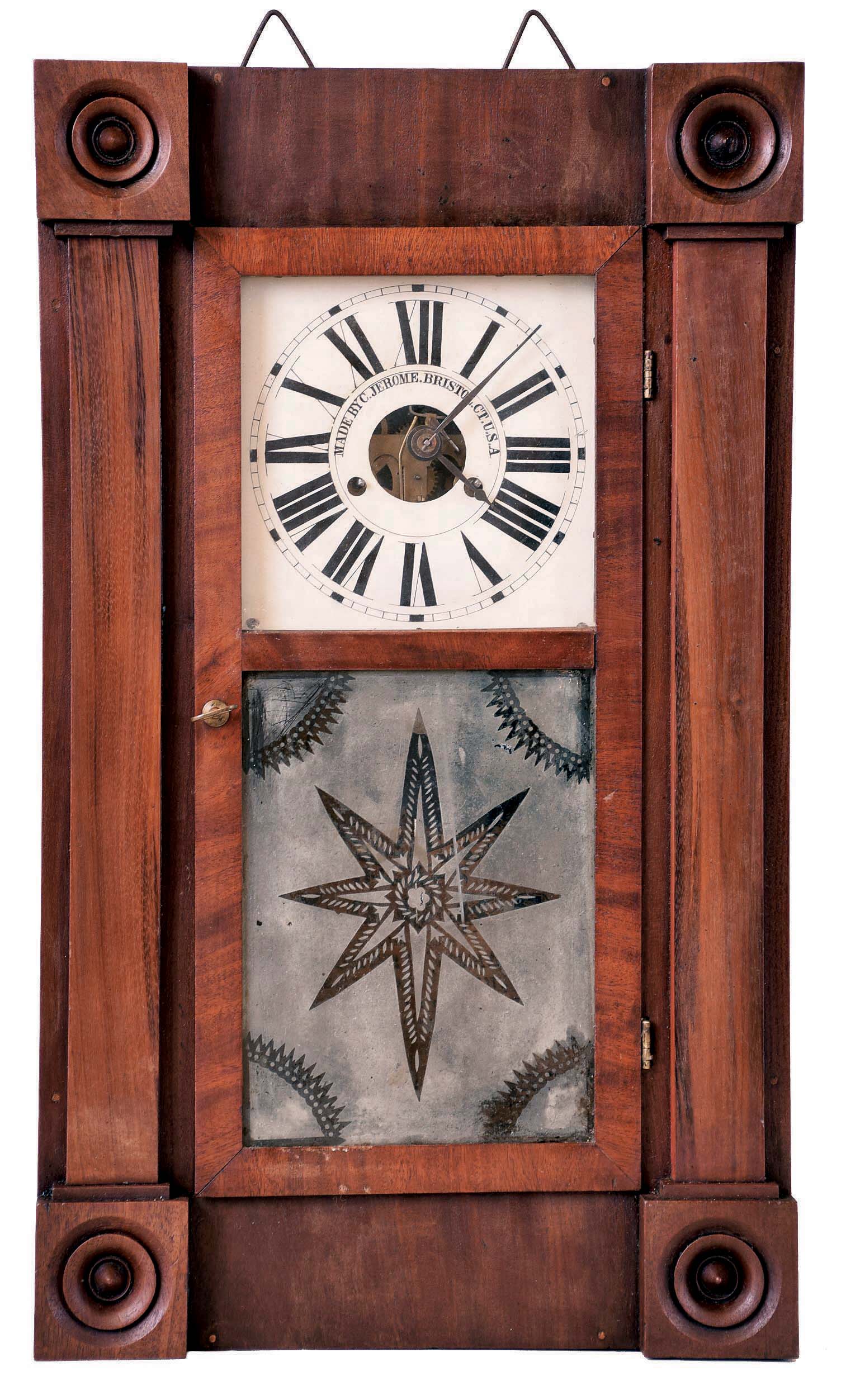 Chauncey Jerome, Bristol, Conn., miniature 30 hour weight-driven shelf clock in Empire flat pilaster case with Wm. B. Fenn tablet. — Antique Clocks Price Guide