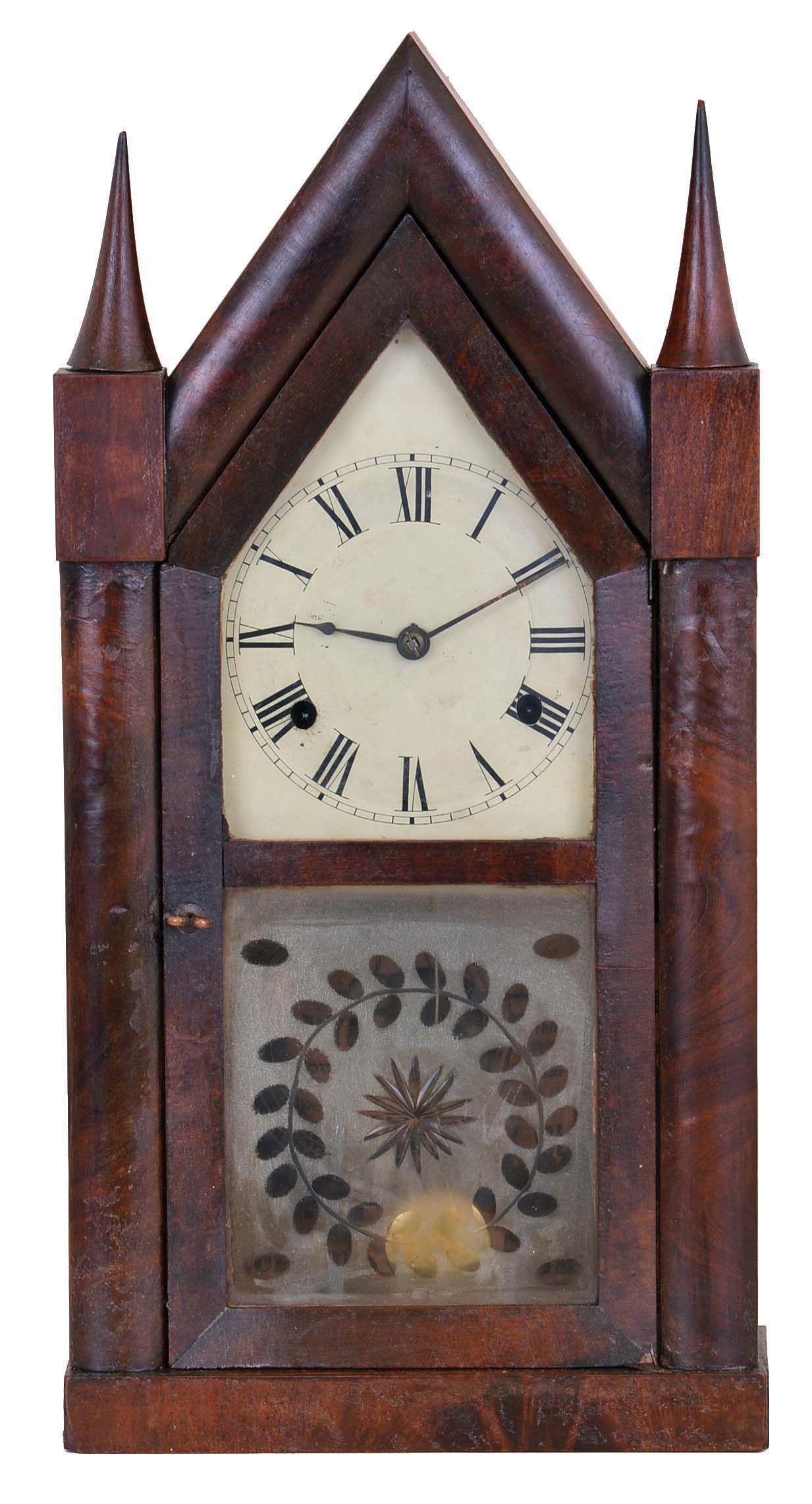 Chauncey Jerome, New Haven, Conn., 30 hour, time and strike spring brass movement in "Sharp Gothic" or "steeple" case. — Antique Clocks Price Guide