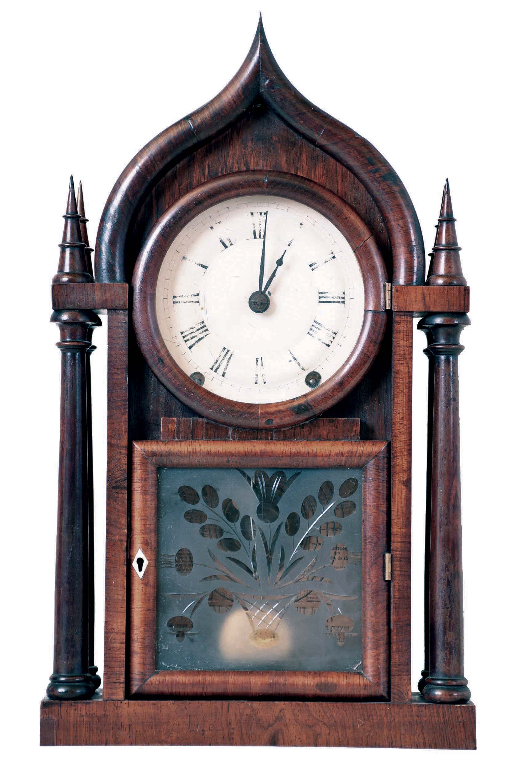 Brewster & Ingrahams, Bristol, CT, 8 day brass spring "Ogee Gothic" or "Onion top" shelf clock with repeating strike and nice cut glass tablet. — Antique Clocks Price Guide