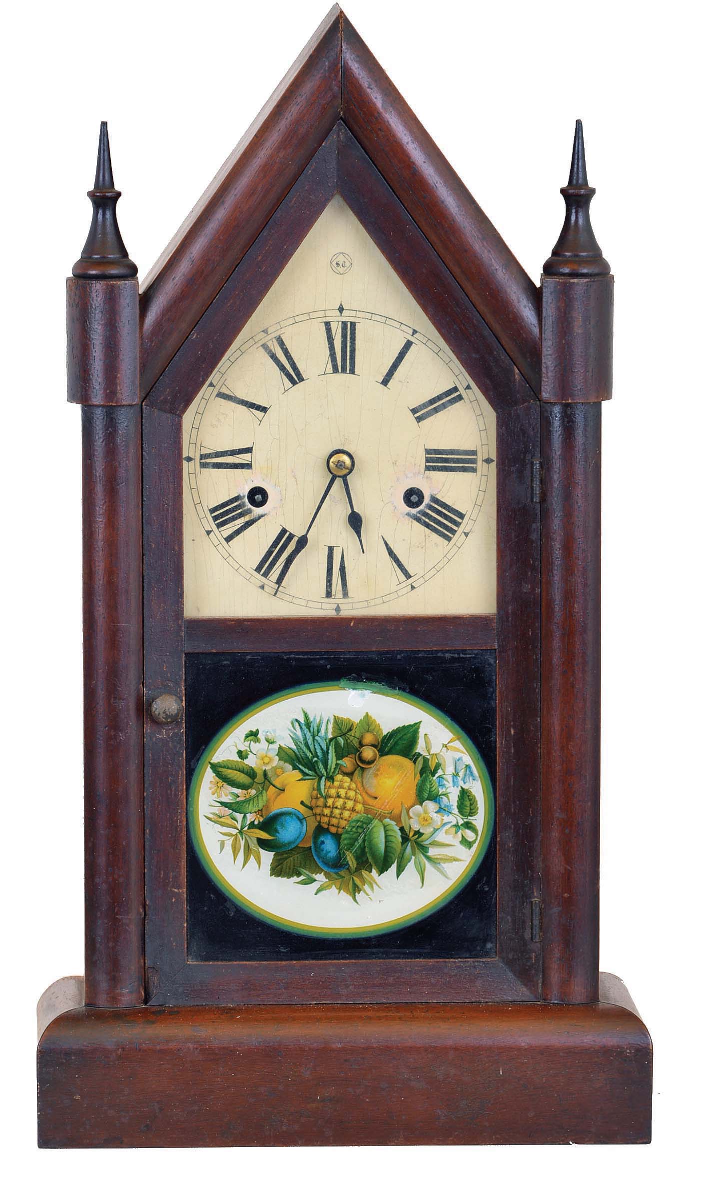 Seth Thomas Clock Co., Thomaston, Conn., "Sharp Gothic", 8 day, time and strike spring brass movement sharp gothic or steeple clock. — Antique Clocks Price Guide