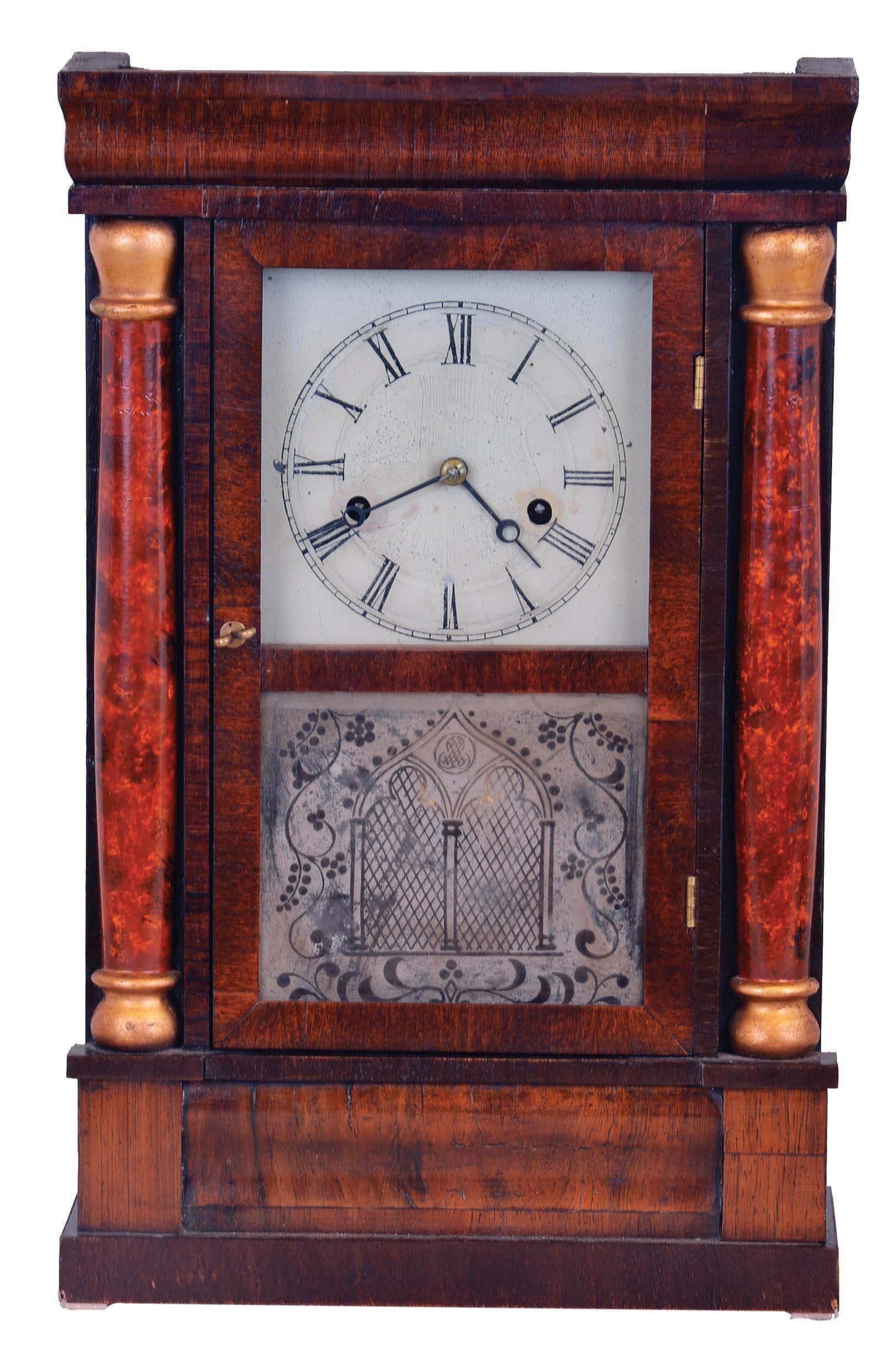 Chauncey Jerome, New Haven, Conn., 30 hour brass movement miniature Empire Column & cornice mantel clock — Antique Clocks Price Guide