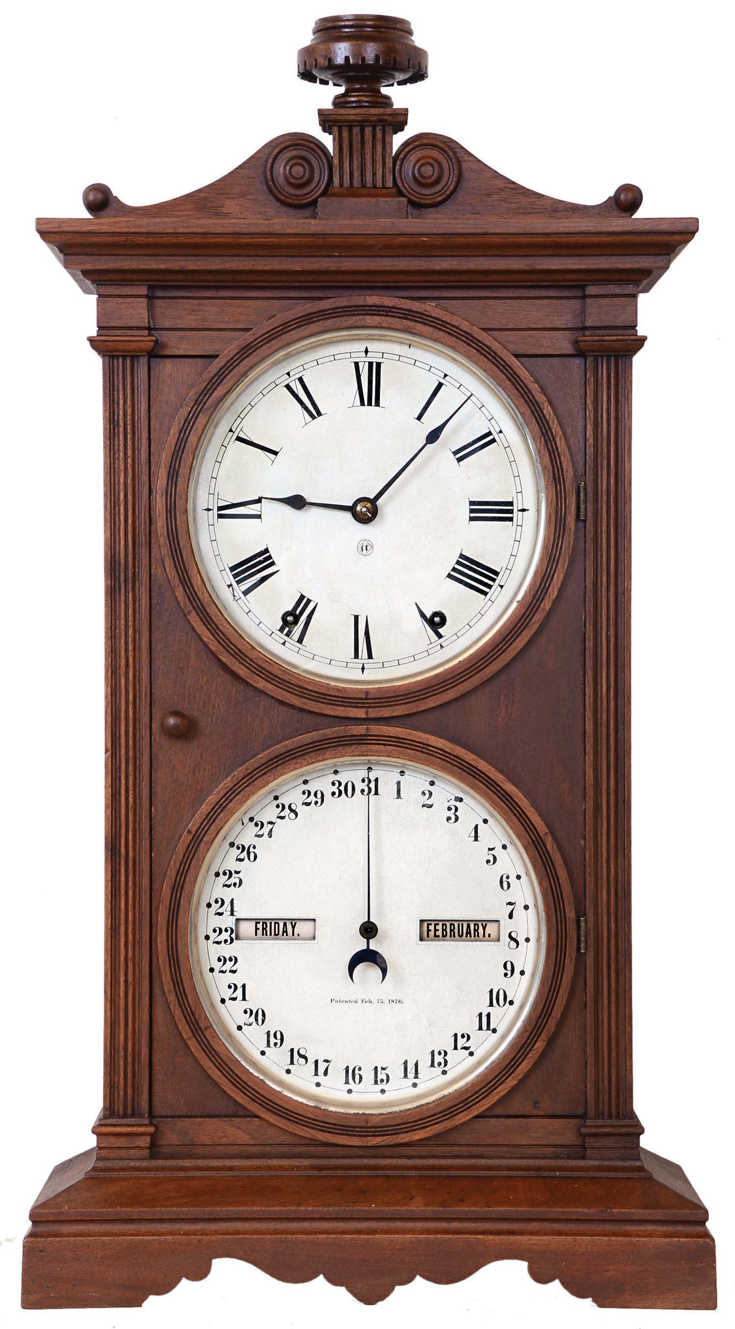 Seth Thomas Clock Co., Thomaston, Conn., "Parlour Calendar No. 6", 8 day, time and strike spring brass movement double dial calendar clock. — Antique Clocks Price Guide
