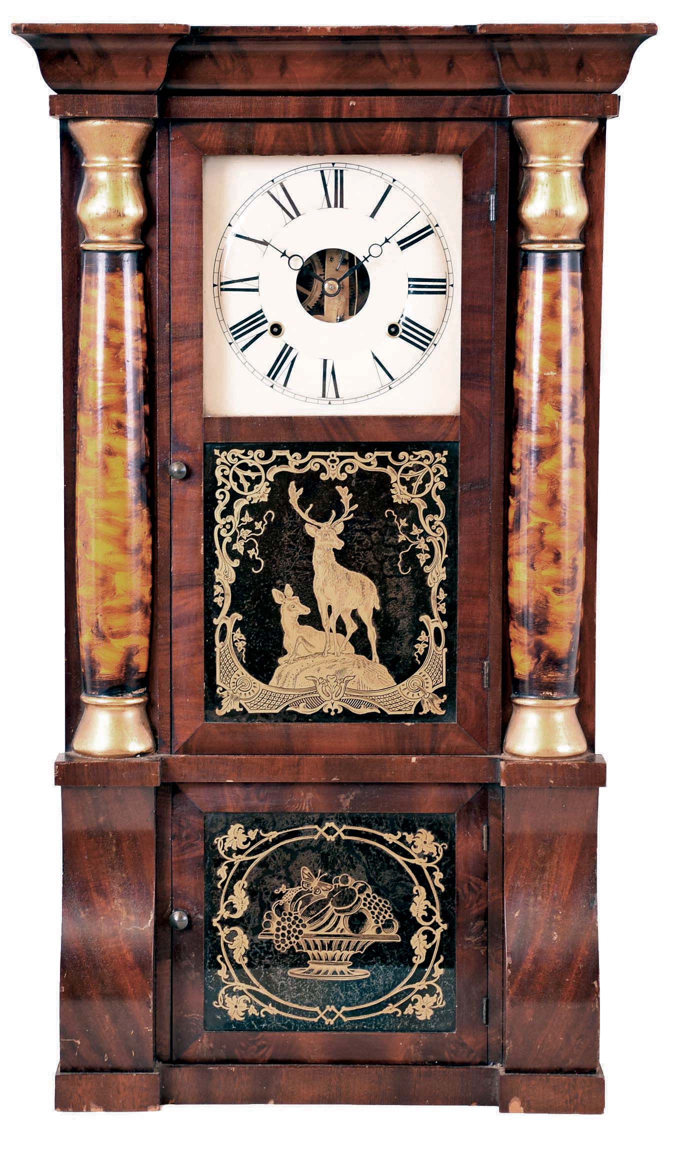 Seth Thomas Clock Co., Thomaston, Conn., Empire case "Shell Column" 8 day Column & Cornice shelf clock. — Antique Clocks Price Guide