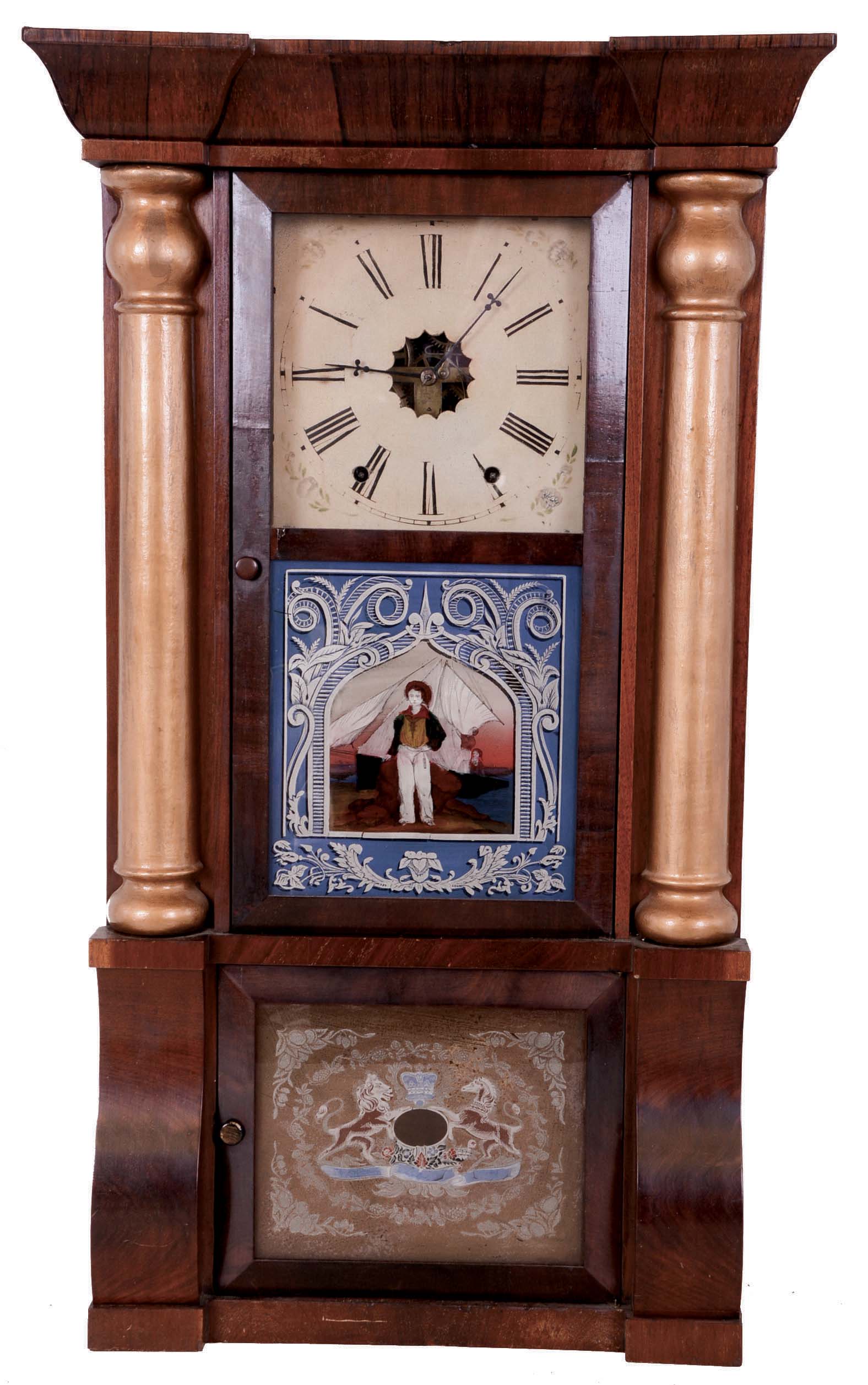 William L. Gilbert Clock Co., Winsted, Conn., 8 day, time and strike weight brass movement column & cornice shelf clock. — Antique Clocks Price Guide
