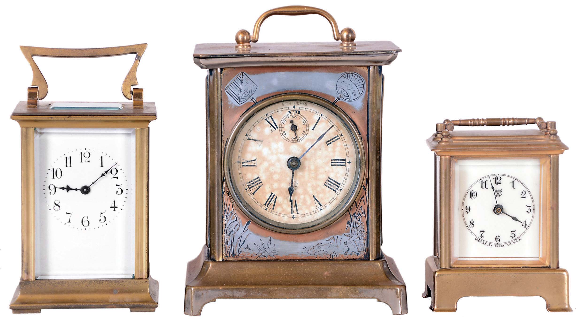 Clocks- 3 (Three) carriage clocks, brass and glass: French 8 day time only with replaced balance platform; Waterbury time and alarm; Seth Thomas Clock Co., Thomaston, Conn., "Mikado "30 hour time and alarm — Antique Clocks Price Guide