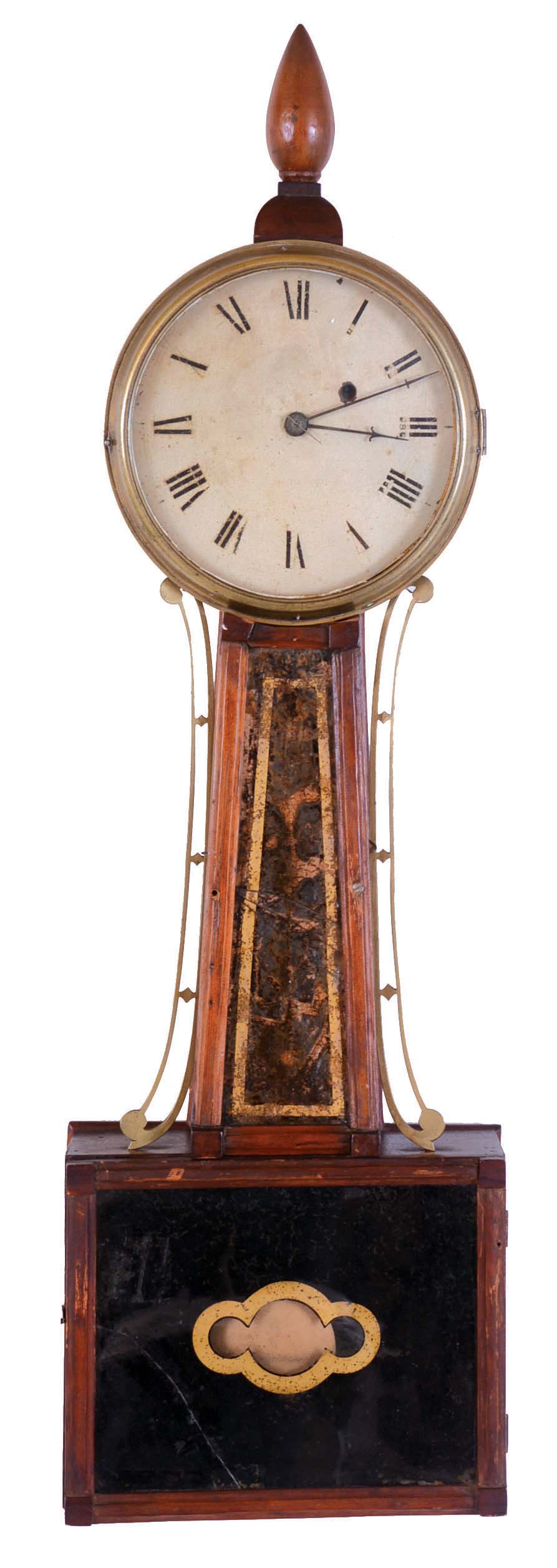 Massachusetts, 8 days, weight brass movement Patent or banjo timepiece. Possibly made by William Cummens. — Antique Clocks Price Guide