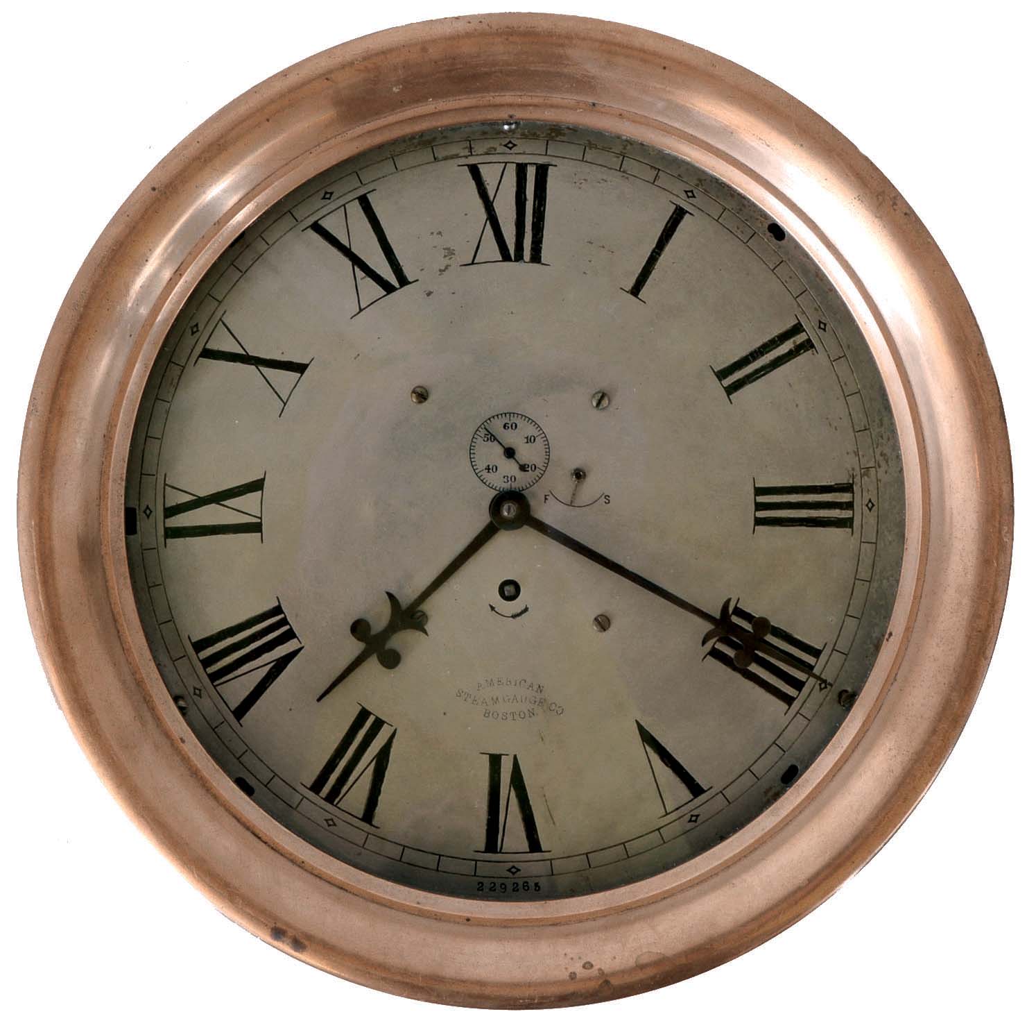 Boston Clock Co., Boston, Mass., 10 in. dial, 8 day, spring brass lever movement ward or engine room timepiece. Engraved on the dial: "American Steam Gauge Co., Boston" — Antique Clocks Price Guide