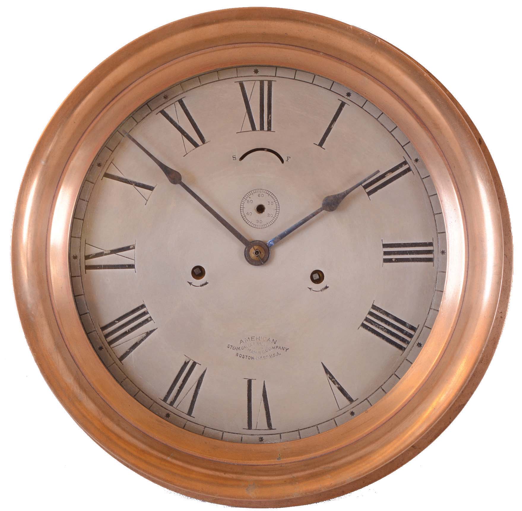 American Steam Gauge & Valve Manufacturing Co., Boston, Mass., Mass. 10 in. dial. 8 day, spring brass lever timepiece with Seth Thomas Clock Co. movement. — Antique Clocks Price Guide