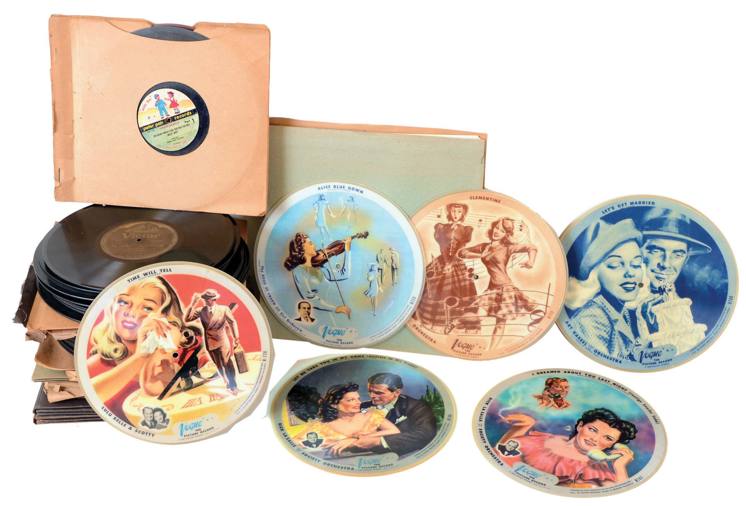 Lot of about 100 uncommon 78 rpm records including two Zonophone, eleven Pathe', two larger center hole, and collection of over 50 early single sided Victor records. Also some classics as the Preacher and the Bear, Two Black Crows, six Vogue picture records and a small group of early children's records, etc. — Antique Clocks Price Guide