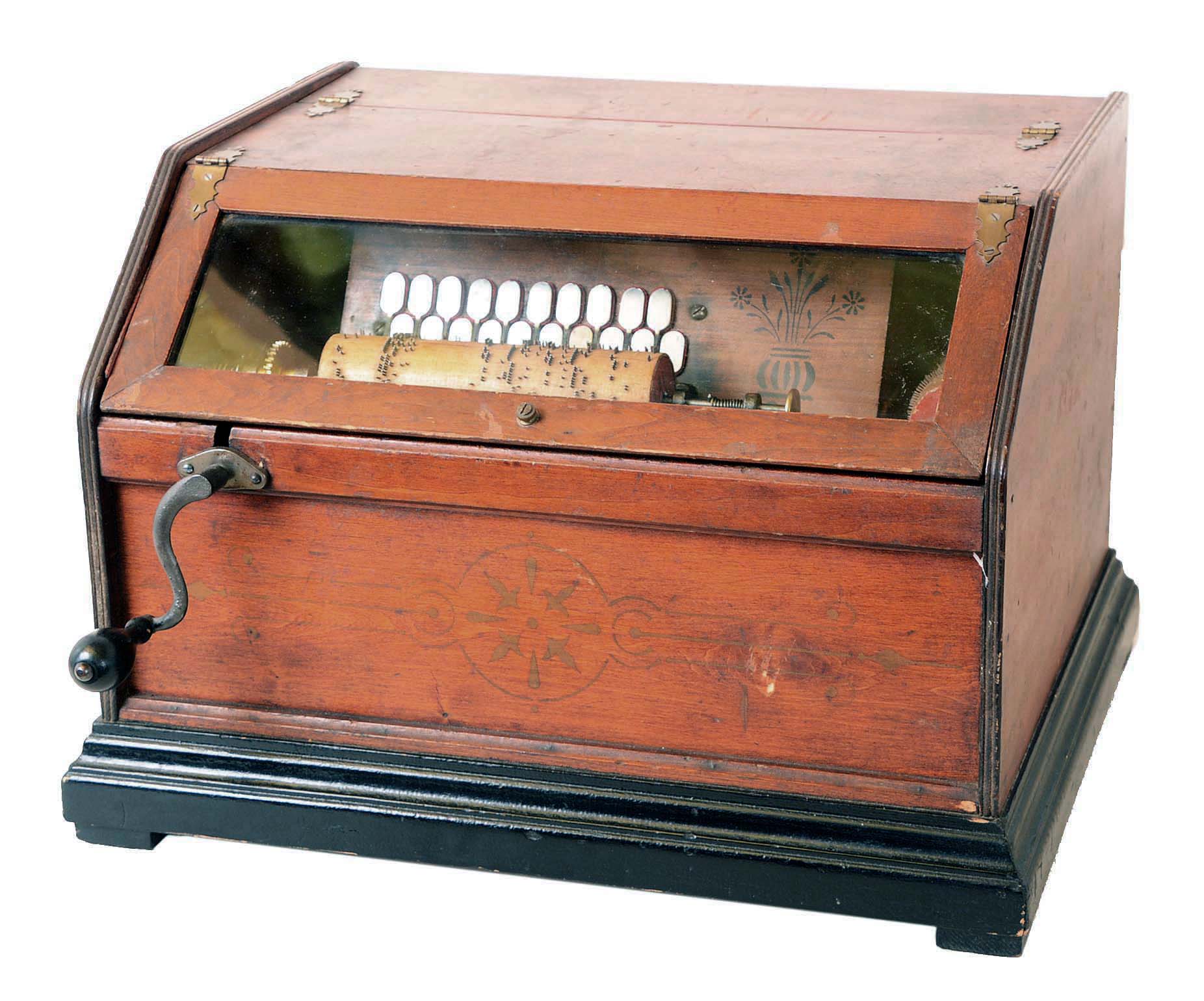 Chautauqua wooden cob roller oregan with 29 notes. Stencil decorated mahogany case with eboned base. Has three or four cobs included. — Antique Clocks Price Guide