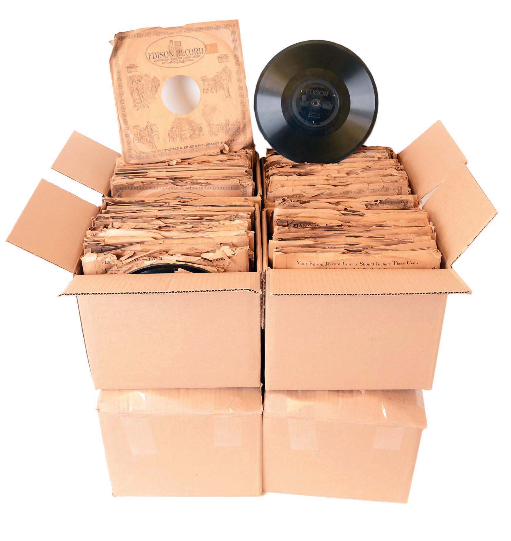 Lot of 250 Edison thick disc records, 80 rpm, black and white labels. These can be played on an Edison diamond disc phonograph or on a Brunswick phonograph with an "Ultona" reproducer. These are from an old collection and have not been picked through. — Antique Clocks Price Guide