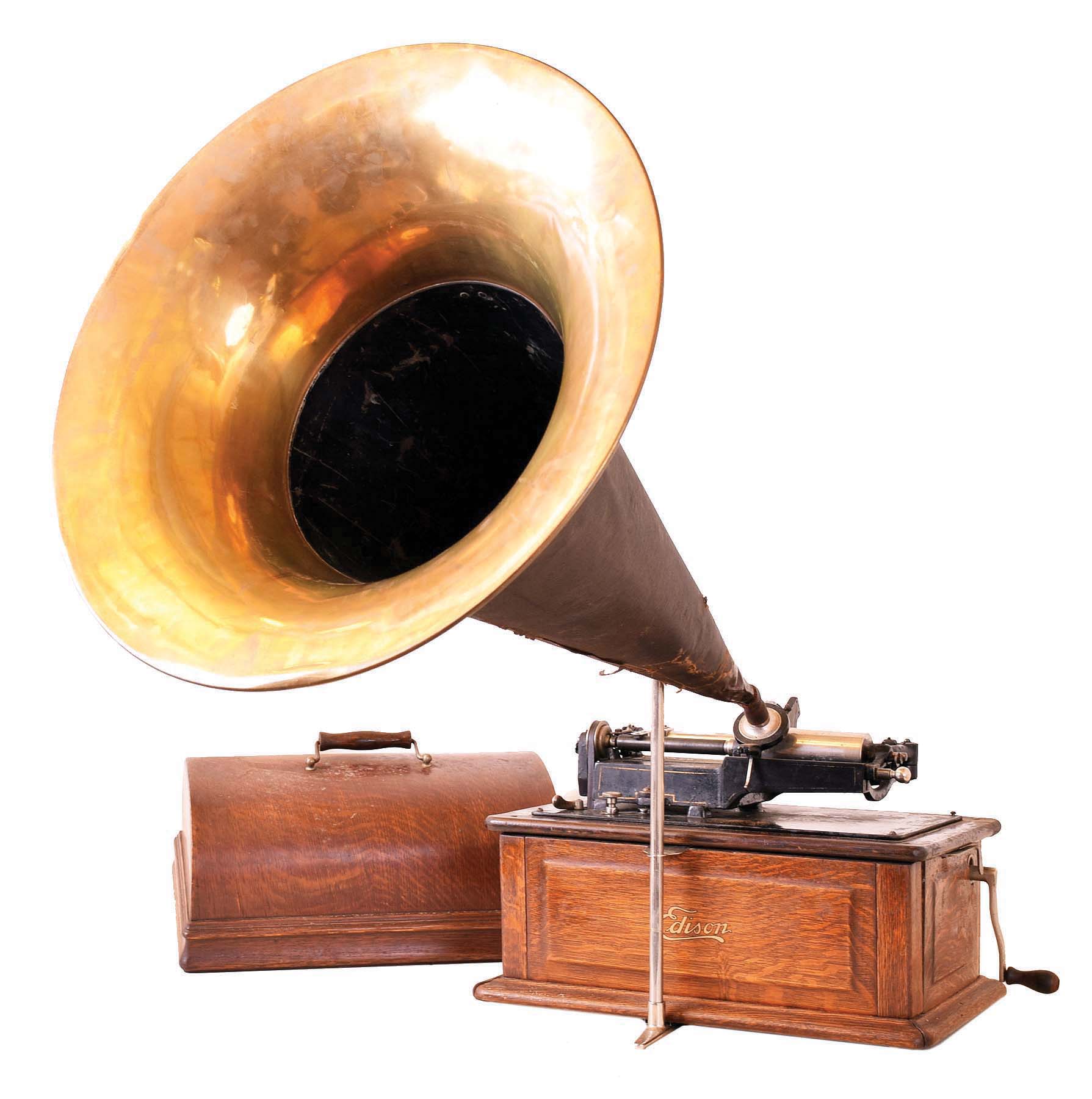 Thomas A. Edison, East Orange, NJ. "Triumph" model phonograph serial #H1-01157 with 30" long horn with 20" brass bell. It has Edison's device to allow it to now play 2 & 4 minute records with the appropriate reproducer. — Antique Clocks Price Guide