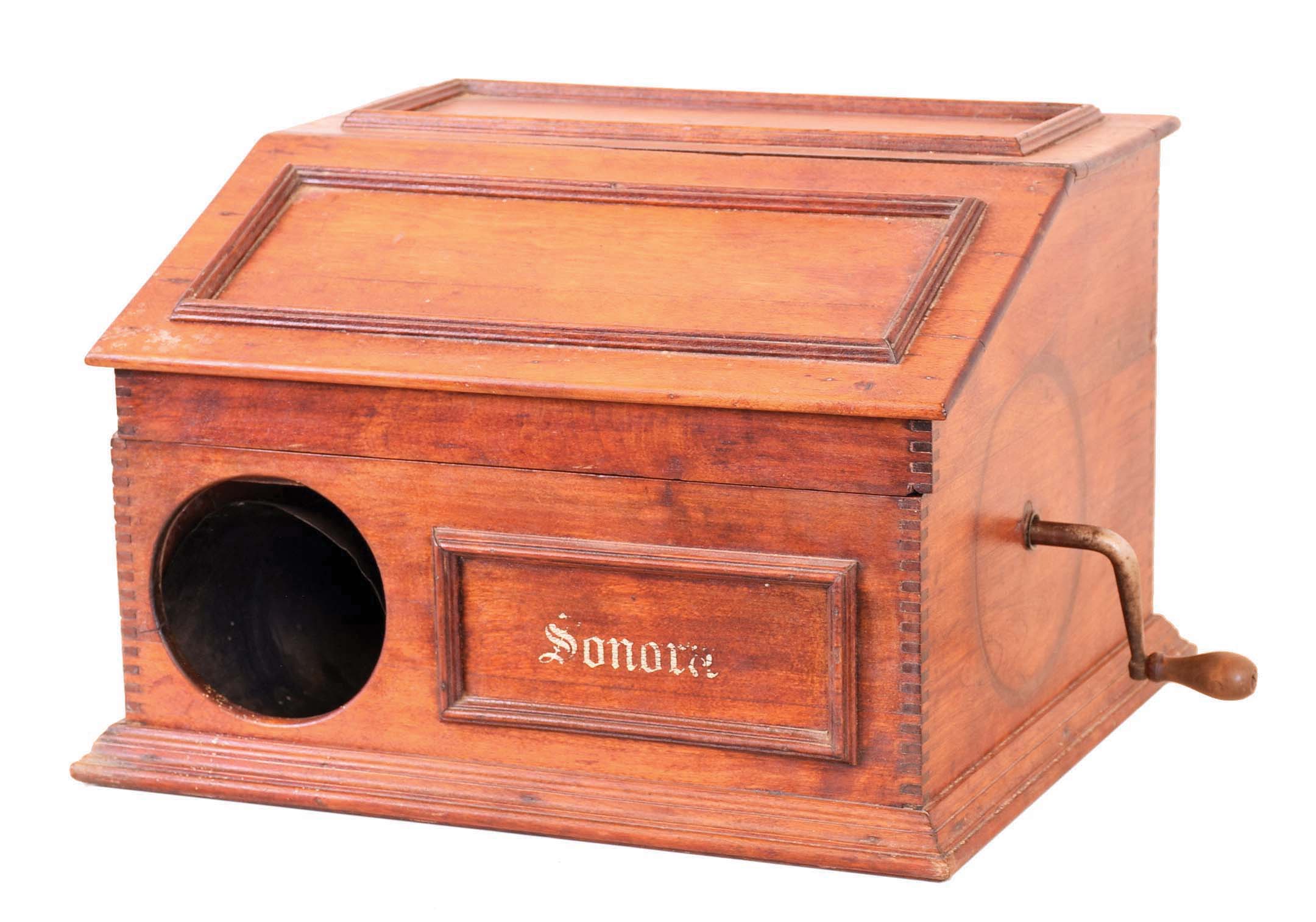 Sonora table phonograph. Very little information and no photos could be found on this unusual phonograph Its case looks like a music box and from what we can find, it appears this is a very rare early model phonograph made by the Swiss music box firm of E. Paillard & Cie, St. Croix, Switzerland for the Sonora Chime Company of New York in 1908. (This Sonora Co. is the firm that sold their chime clock mechanism to the Seth Thomas Clock Co. who introduced "Sonora" chime clocks in 1909): Because of legal problems, very few of these were produced, although in 1910 Sonora began to manufacture a line of phonographs on their own, but these were rather ordinary floor and table models like those being produced by Victor and others. — Antique Clocks Price Guide