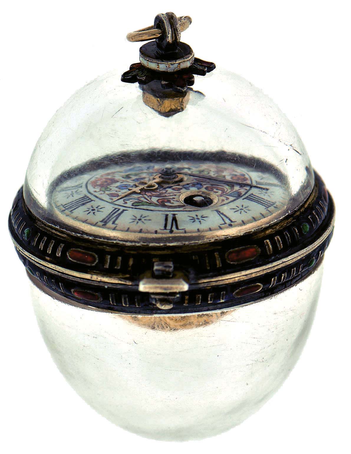 Austria, egg form pendant watch, the key wind and set verge fusee movement signed "Gregson a Paris" and contained in an egg form rock crystal case with enameled bezel, Roman numeral white enamel dial, the center with polychrome enamel floral decoration, 33mm x 40mm, 19th century. — Antique Clocks Price Guide
