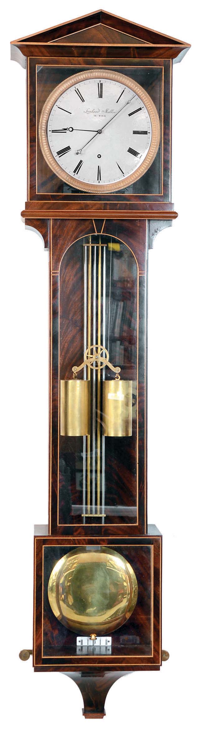 Eastern European, vienna regulator, reproduction 9-light laterndluhr wall clock, year duration, time only, two brass weight driven movement with knife edge suspension, compensating meter long pendulum in a mahogany veneer case with string inlay with white enamel dial surrounded by pie crust bezel and signed "Leonhard Muller In Wien". — Antique Clocks Price Guide