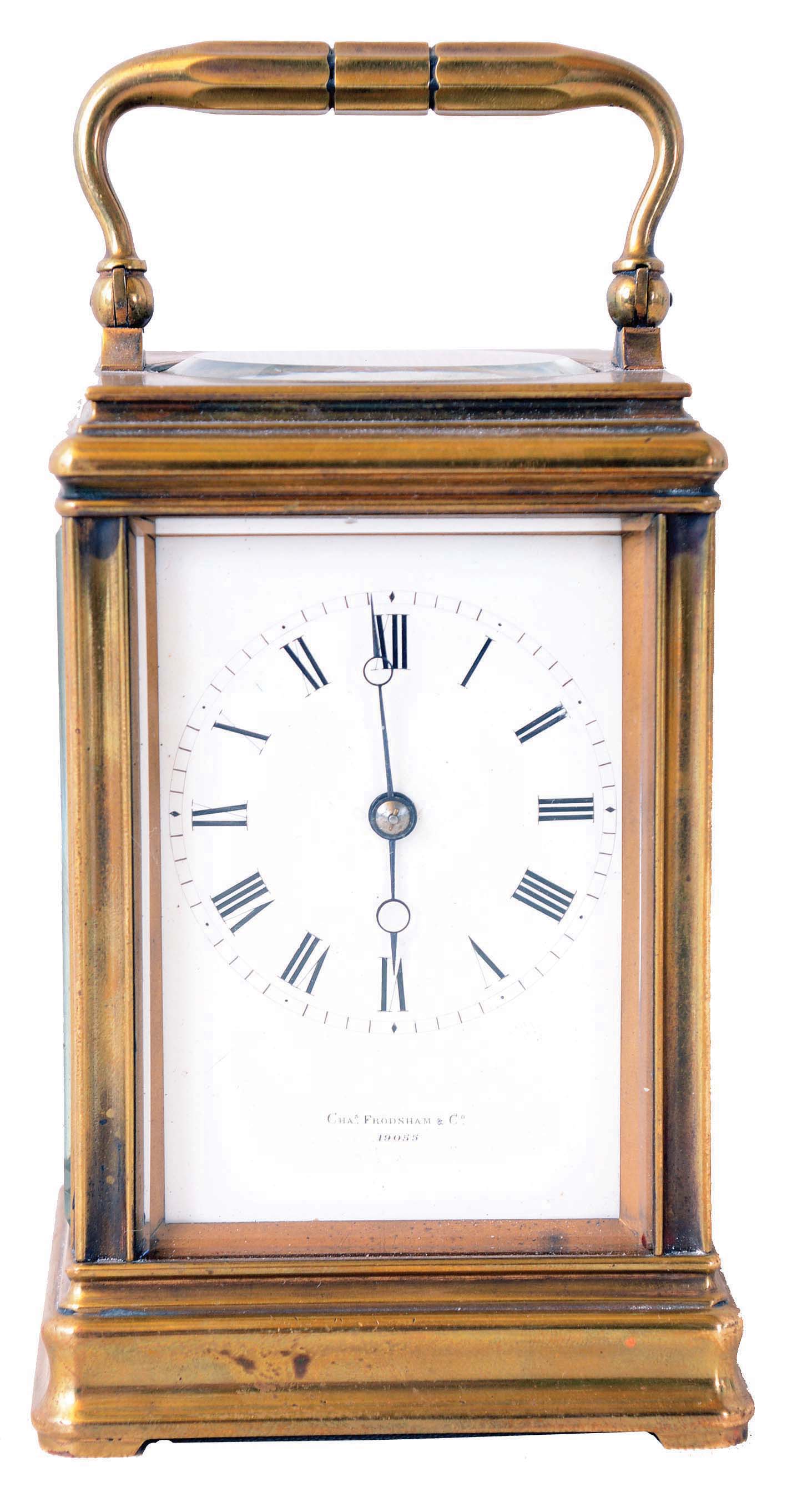 France, for Charles Frodsham & Co., carriage clock, Gorge case set with beveled glasses, Roman numeral white enamel dial, blued steel Breguet style hands, 8 day time and strike movement with lever platform, counting the hours on a bell, serial #19055, dial and movement signed — Antique Clocks Price Guide