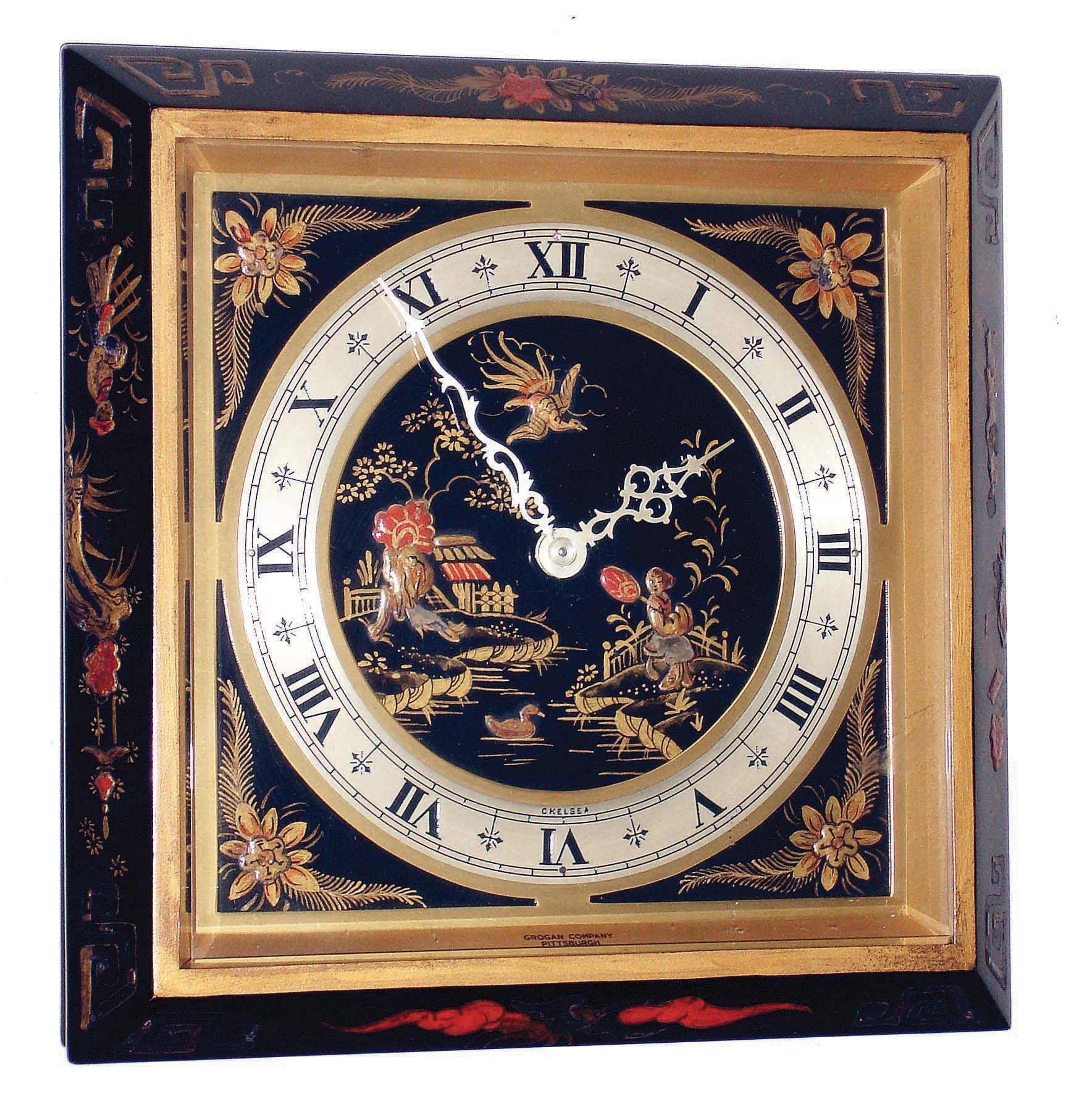 Chelsea Clock Co., Boston, Mass., MA, for Grogan & Co., Pittsburgh, "Chinese Lacquer" 6" dial, 8 days, time only #269697, 1940 — Antique Clocks Price Guide