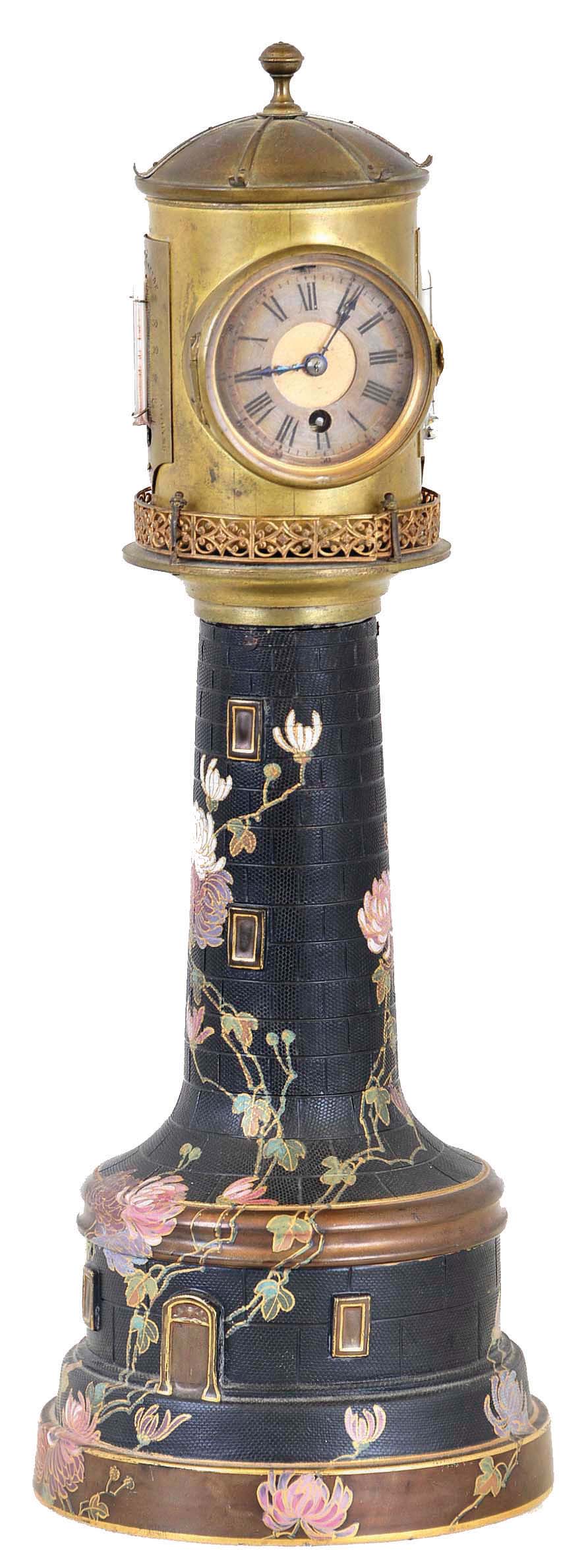 Burslem, England, Doulton lighthouse form clock case with French movement, the black Chine case with luster bands and chrysanthemum decoration, ogee molded brass cap with pierced brass railing, lighthouse top with ribbed dome and finial, mounted with barometer, thermometers, and 8 day timepiece movement with cylinder escapement, Roman numeral silvered dial with blued steel distaff style hands, barometer with blued steel hand and gilt set hand, base marked "Doulton Burslem" in green below a crown, impressed "Doultons" and "Doulton & Slaters patent", stamped "U.S. Patent 314002", and with over glaze initials in script "WBJ", c1890 — Antique Clocks Price Guide