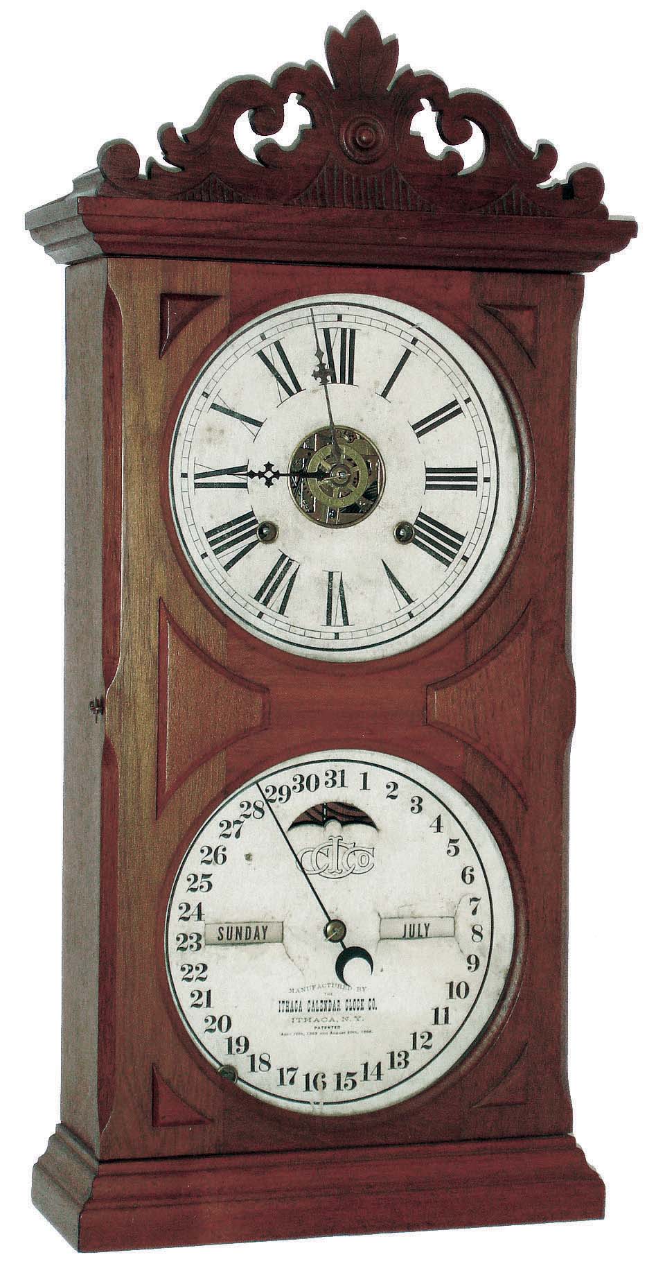 Ithaca Calendar Clock Co., Ithaca, NY, "No. 10 Farmer's" 8 day, time, strike and alarm double dial calendar shelf clock, c1880 — Antique Clocks Price Guide