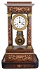 France, portico clock, rosewood veneered case with contrasting stringing and floral inlays, columns with gilt capitals and bases, top and base with ogee molding, gilt bezel and grid iron pendulum with serpents and scroll design, Roman numeral white enamel dial, steel blue hands, 8 days, time and strike movement marked LeRoy a Paris all resting on a rosewood veneered base
