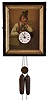 Black Forest, Augenwender or moving eye clock, ebonized, dovetailed softwood case, with inner gilt lining framing an oil painting of a man in a contemplative pose, smoking a pipe, his eyes moving back and forth as the clock runs, Roman numeral white enamel dial with steel Breguet style hands, 30 hour time and strike wood plate movement with brass wheels, cast iron weights and brass pendulum