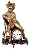 Johann Farbinger in Wessprim, Austrian blinking eye mantel clock with calendar, carved wooden case with gilt figure of a hunter, resting on a stump, with musket, and his dog at his feet, his eyes moving side to side as the clock runs, Roman numeral white enamel dial with date display at center, blued steel Breguet style hands, 2 day, three train grand sonnerie striking movement with silk thread suspension, all on gilt, foliate ornamented feet