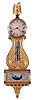 Lyre banjo, wall clock, 8 days, time only, weight driven Willard type period movement with T-bridge suspension in a reproduction gold fronted case with some older elements and reverse painted throat and lower tablets. The painted metal dial has Roman numerals and girandole style hands.