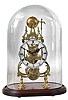 Skeleton clock, cathedral form brass frame with single train fusee movement, mounted to a wooden base with brass dome, 20th century