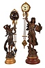 Swingers- 2 (Two) French with female figures supporting the clocks: one with spherical case, the other with canister each containing an 8 day, timepiece movement