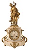Guilmet, France, mystery clock, the cylindrical, fluted alabaster case with gilt, foliate ornament and resting on toupie feet, surmounted by a gilt figural group representing the punishment of Amor, signed "Ph. Mourey", the female figure with left arm held aloft, and suspending the pendulum, which receives impulse through the nearly imperceptible movement of the gilt base on which the figures stand, alabaster dial with applied, gilt Ro numerals, gilt spade hands, 8 days time and strike movement with crank and stirrup escapement, back plate with Guilmets mark, and numbered 890