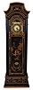 F. Ancher, Germany, tall clock, 8 day, time, strike and chime playing three tunes on gongs, three weight driven movement in a japanned case with maker plate serial #101, with brass dial and tune selector for Whitington, Westminster and St. Michaels tunes.