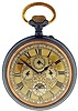 Switzerland, oversized pocket watch form desk clock, with triple calendar and phases of the moon, 15 jewels, stem wind and pin set, damascened nickel bar movement, with lever escapement and uncut bimetallic balance, in a gun metal, hinged back and bezel open face case, with Roman numeral, outer blue 5-minute markers, quadruple sunk metal dial with repousse ornament, and blued steel spade and poker hands, 95mm, c1900