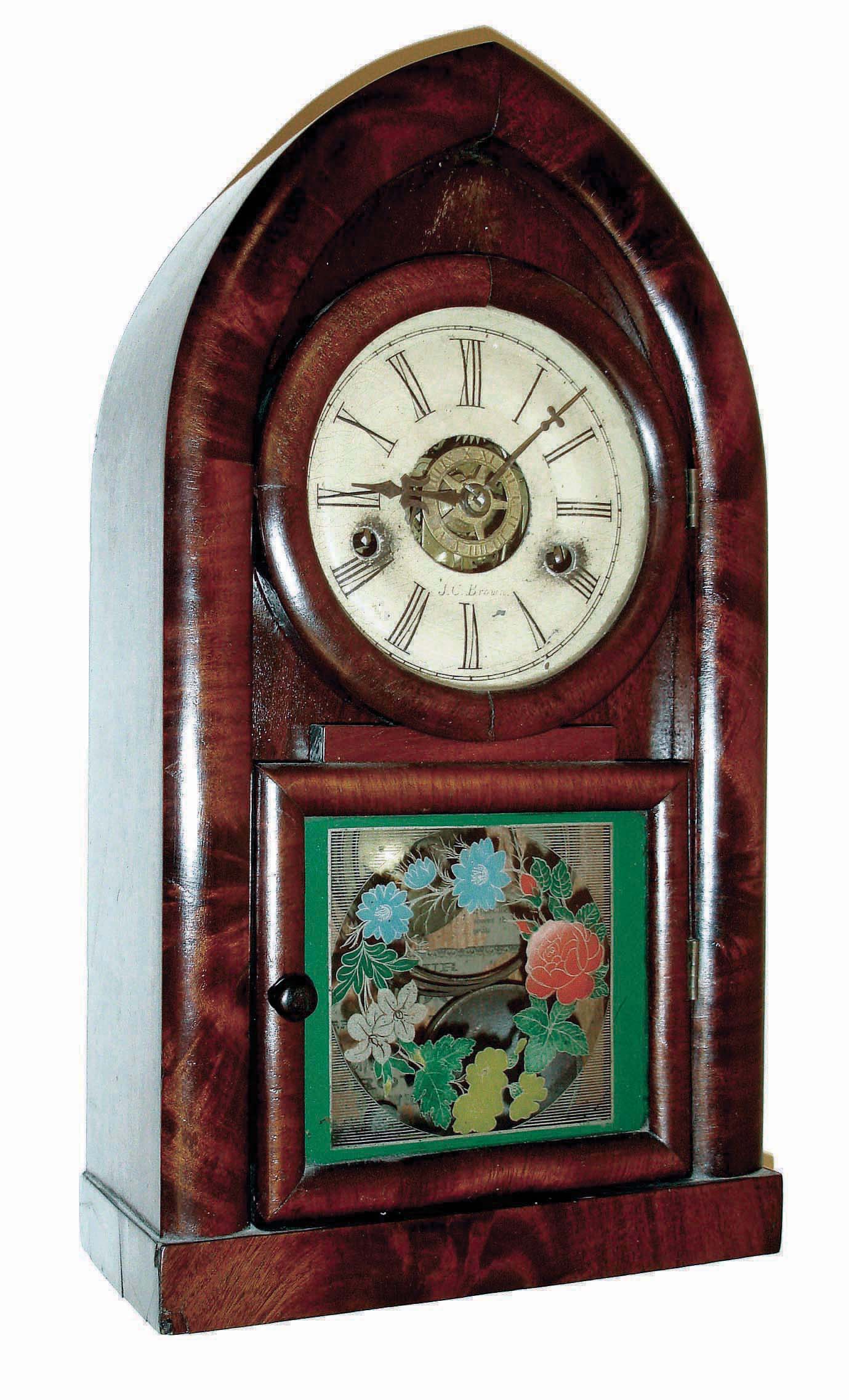 J.C. Brown, Forestville Conn., miniature plain front "Beehive or Round Gothic" shelf clock, 30 hours, time, strike & alarm, c1850 — Antique Clocks Price Guide
