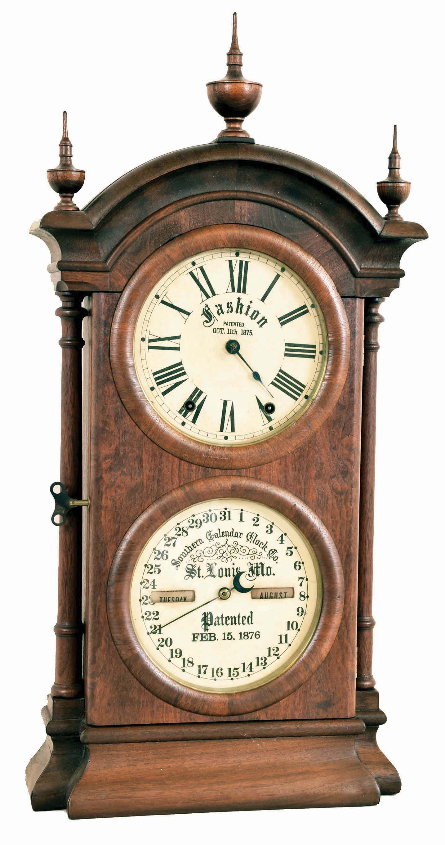 Southern Calendar Clock Co., St. Louis, MO, "Fashion No. 2" shelf clock with an 8 day spring driven time and strike brass Seth Thomas movement with a R. T. Andrews perpetual calendar mechanism in a walnut case. — Antique Clocks Price Guide